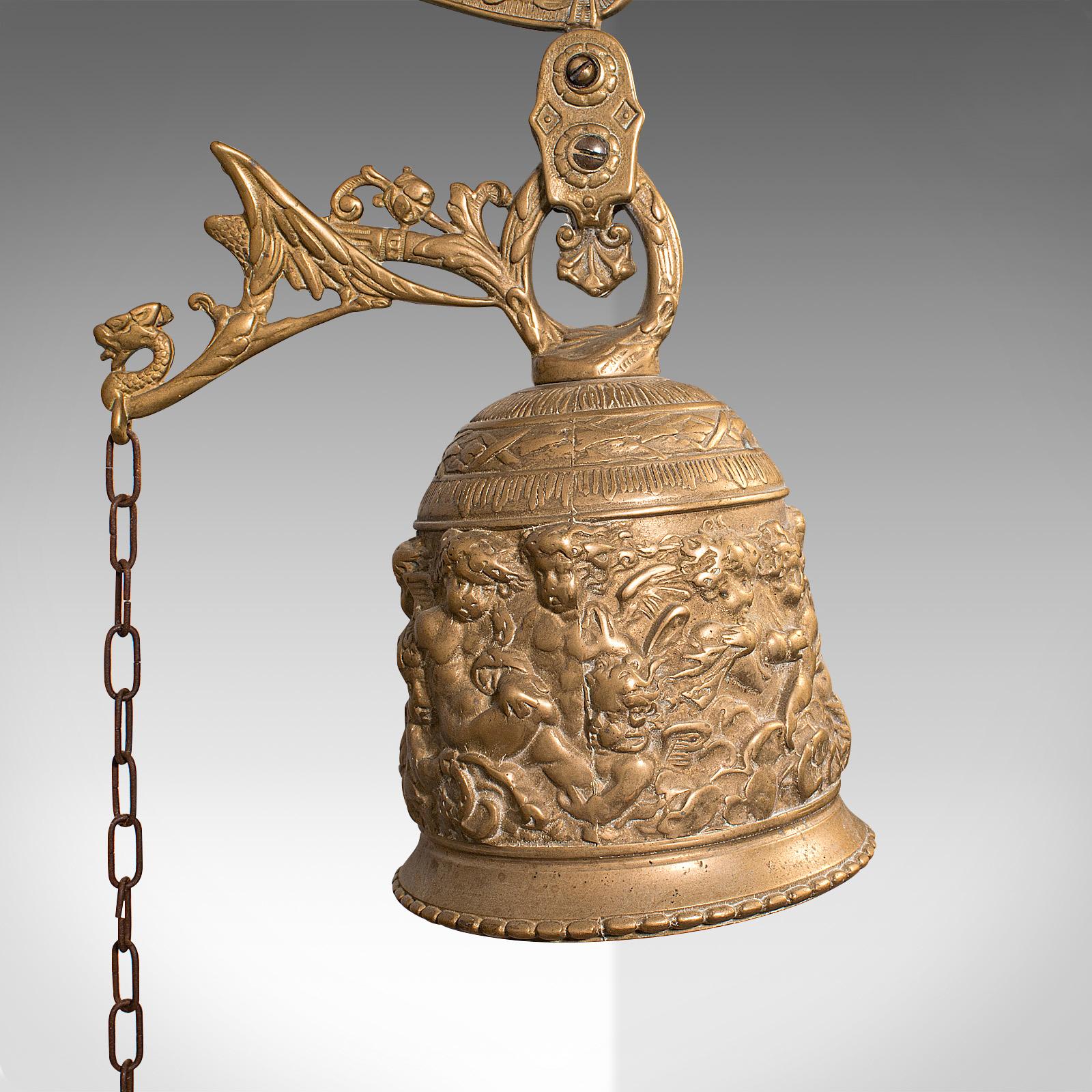 19th Century Antique School Bell, Continental, Brass, Wall Mounted Chime, Ornate, Victorian For Sale