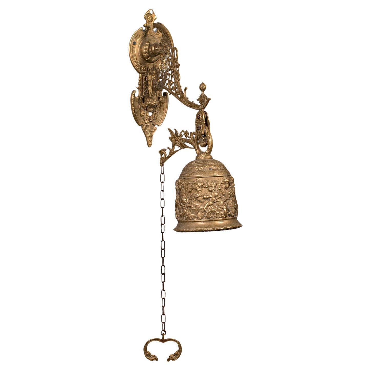 Antique School Bell, Continental, Brass, Wall Mounted Chime, Ornate, Victorian For Sale
