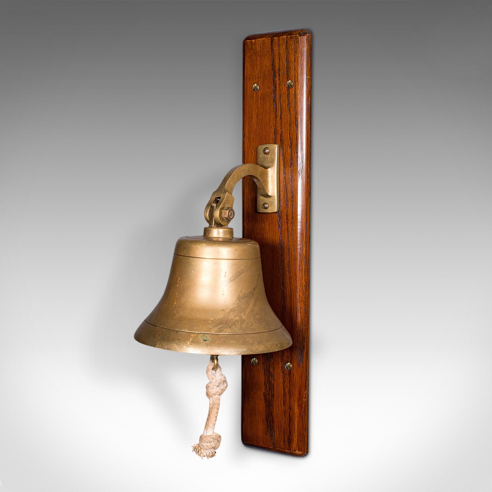 British Antique School Bell, English, Oak, Brass, Wall Mounted, Dinner Chime, Edwardian