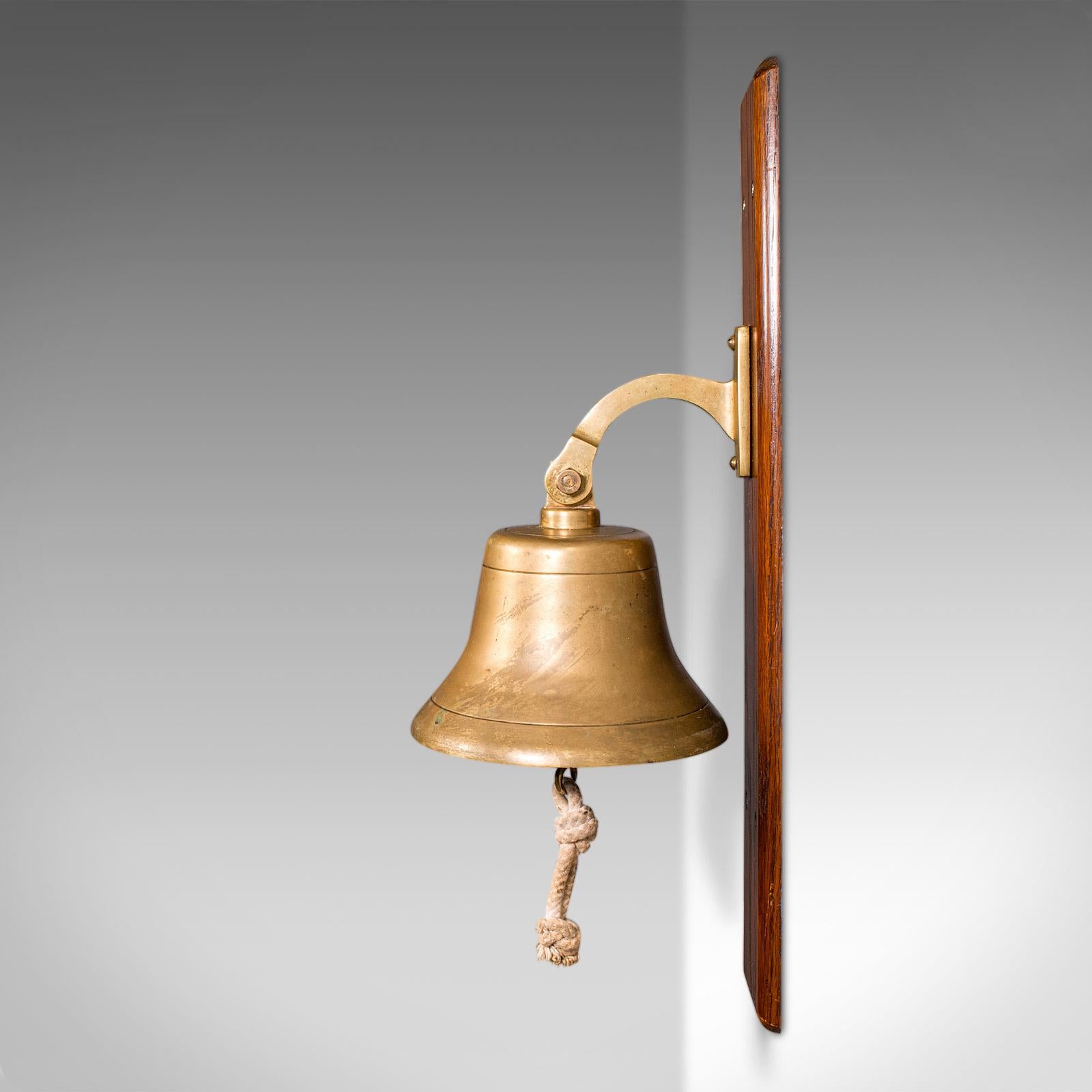 20th Century Antique School Bell, English, Oak, Brass, Wall Mounted, Dinner Chime, Edwardian