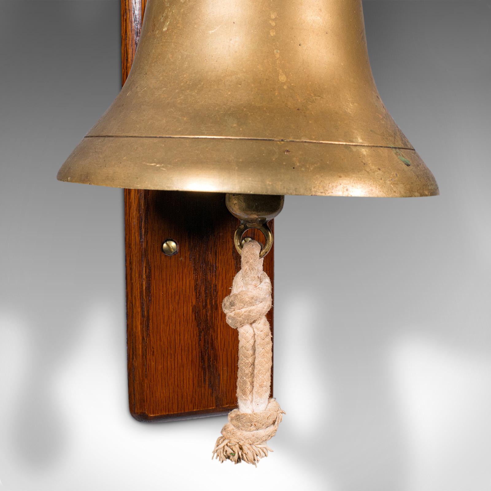 Antique School Bell, English, Oak, Brass, Wall Mounted, Dinner Chime, Edwardian 2