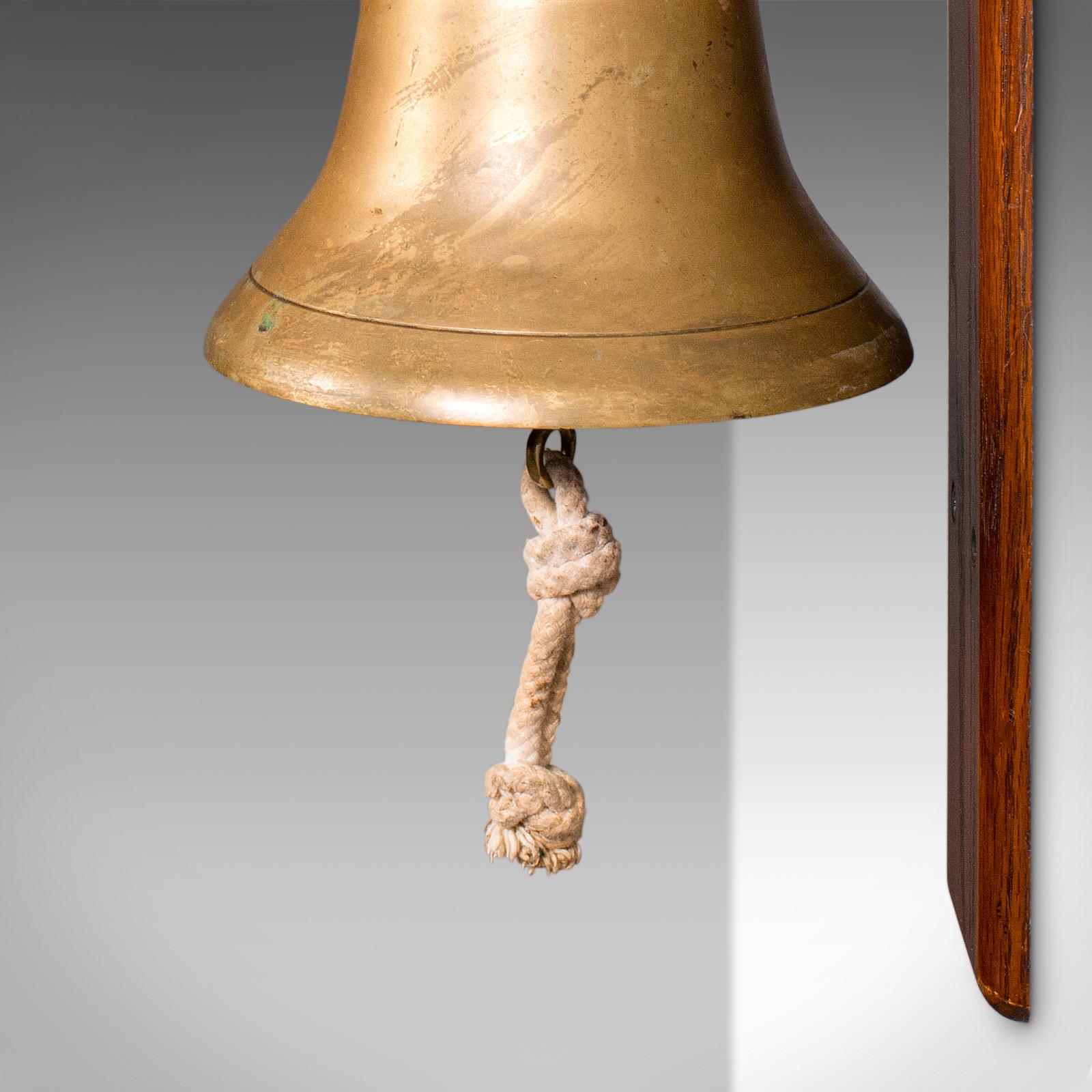 Antique School Bell, English, Oak, Brass, Wall Mounted, Dinner Chime, Edwardian 3