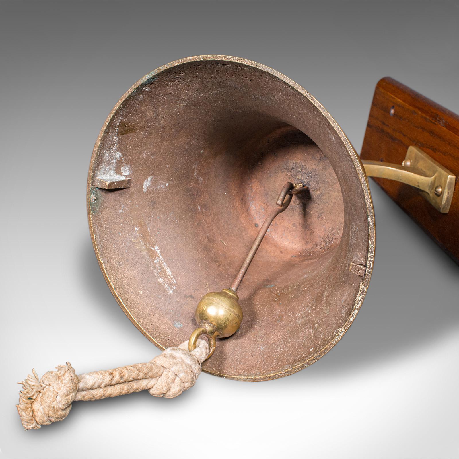 Antique School Bell, English, Oak, Brass, Wall Mounted, Dinner Chime, Edwardian 4