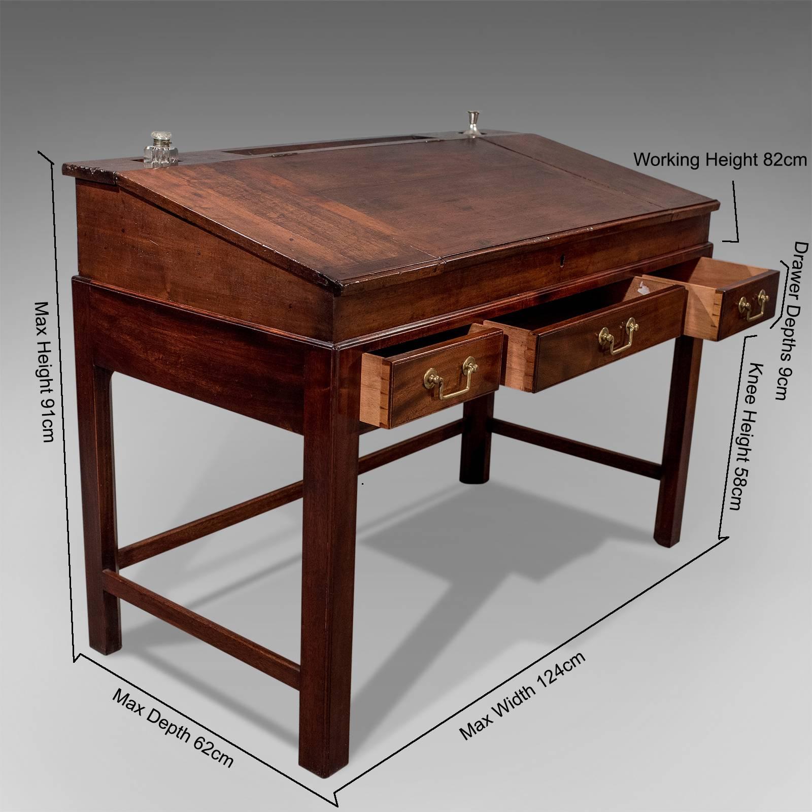 This is an antique school master's desk, an English, Georgian, mahogany desk dating to the early 19th century, circa 1800.

Presented in good antique condition
Of quality craftsmanship with attractive proportions
Attractive mahogany showing