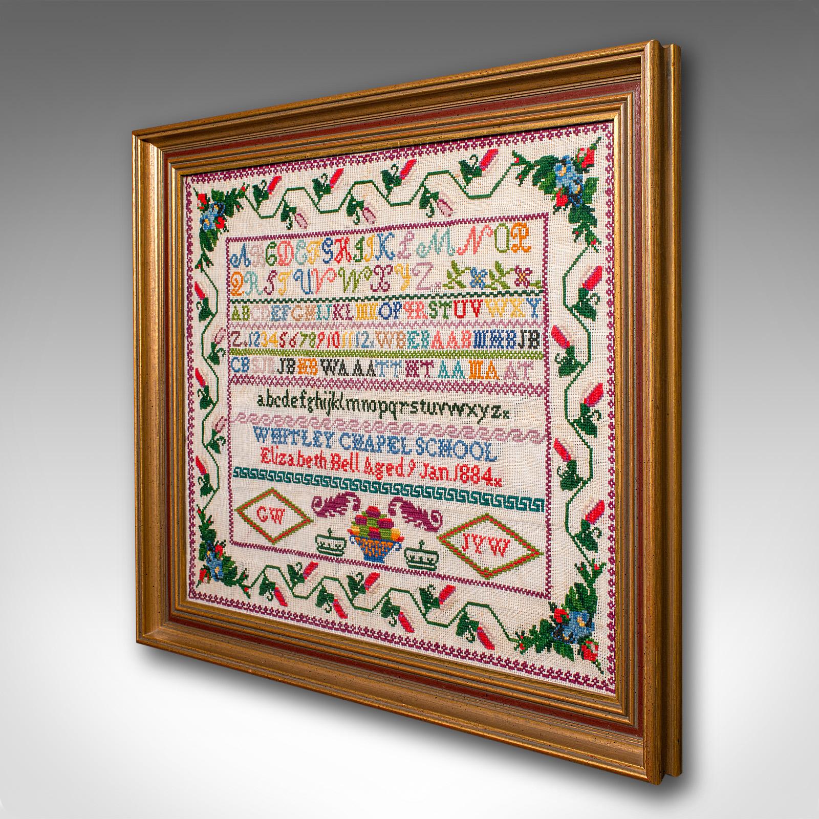 British Antique School Sampler, English, Needlepoint Embroidery Display, Victorian, 1884 For Sale