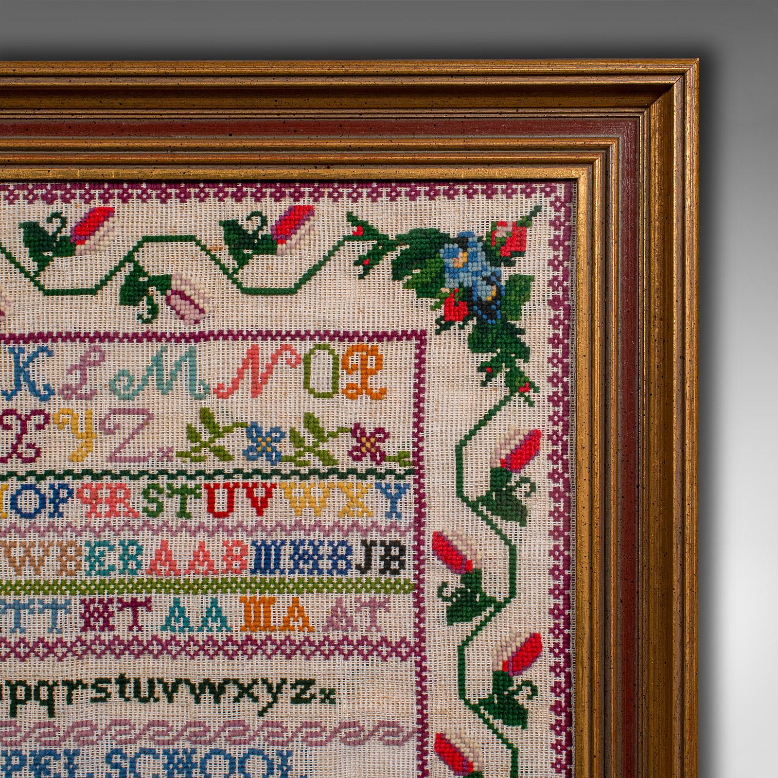 19th Century Antique School Sampler, English, Needlepoint Embroidery Display, Victorian, 1884 For Sale
