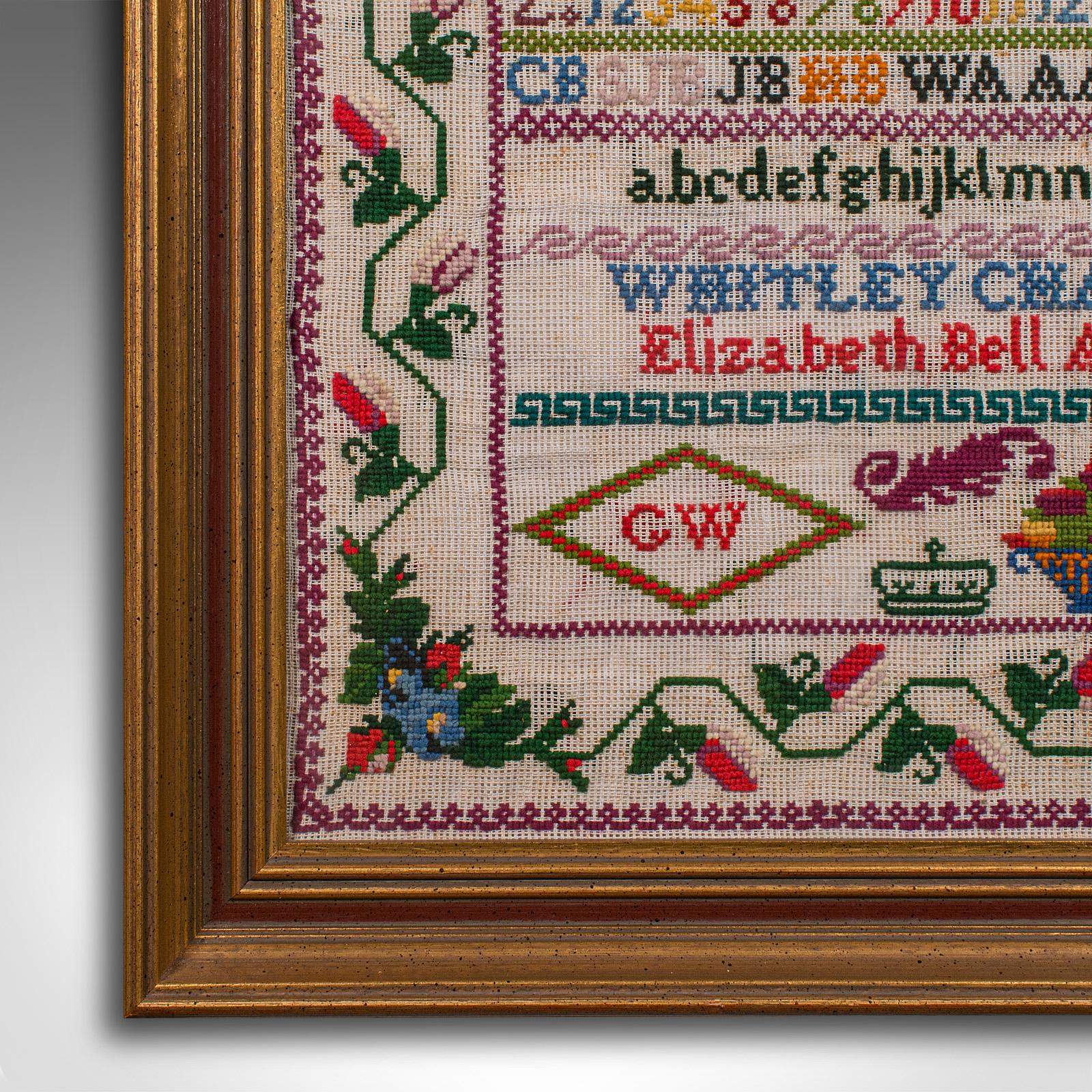 Cotton Antique School Sampler, English, Needlepoint Embroidery Display, Victorian, 1884 For Sale