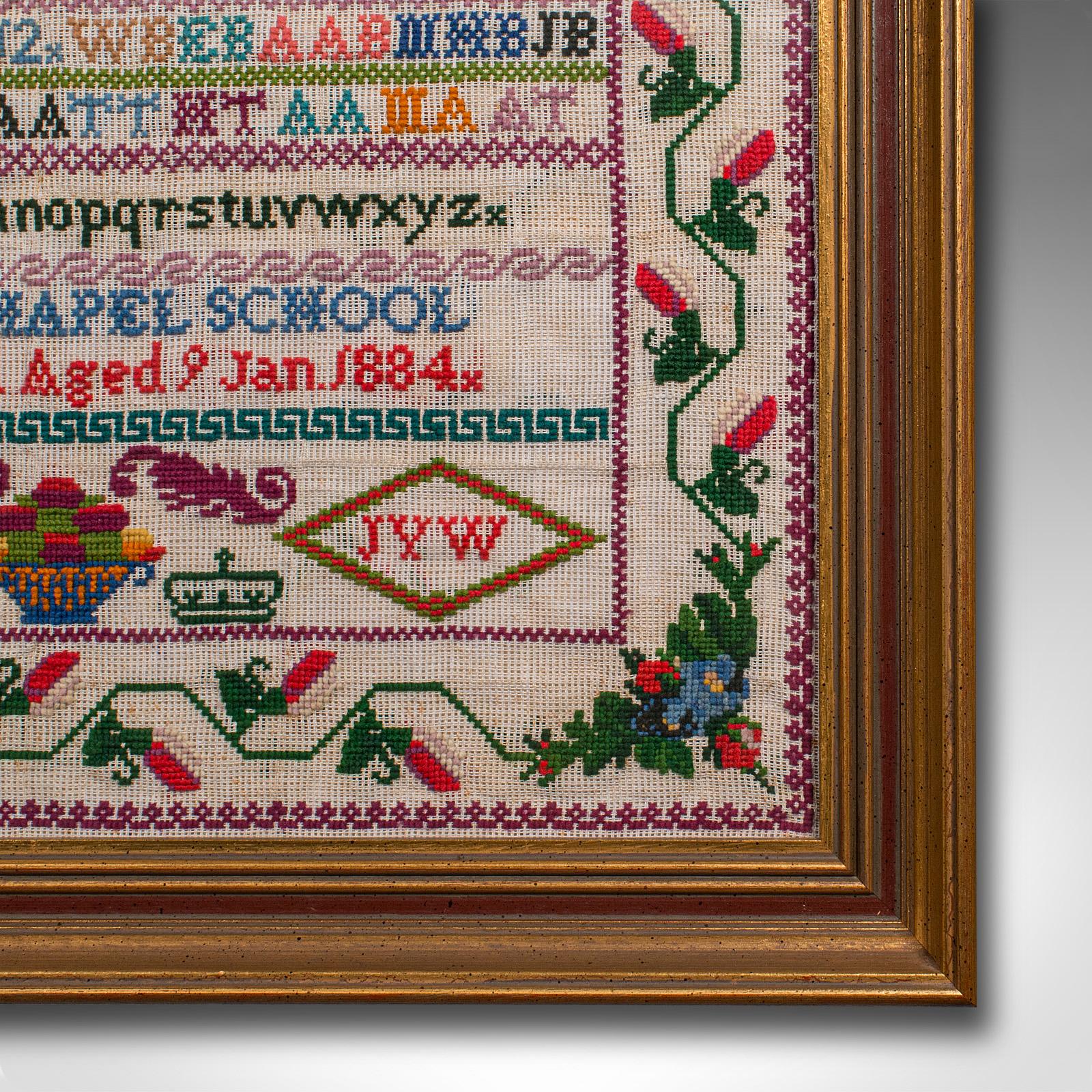 Antique School Sampler, English, Needlepoint Embroidery Display, Victorian, 1884 For Sale 1