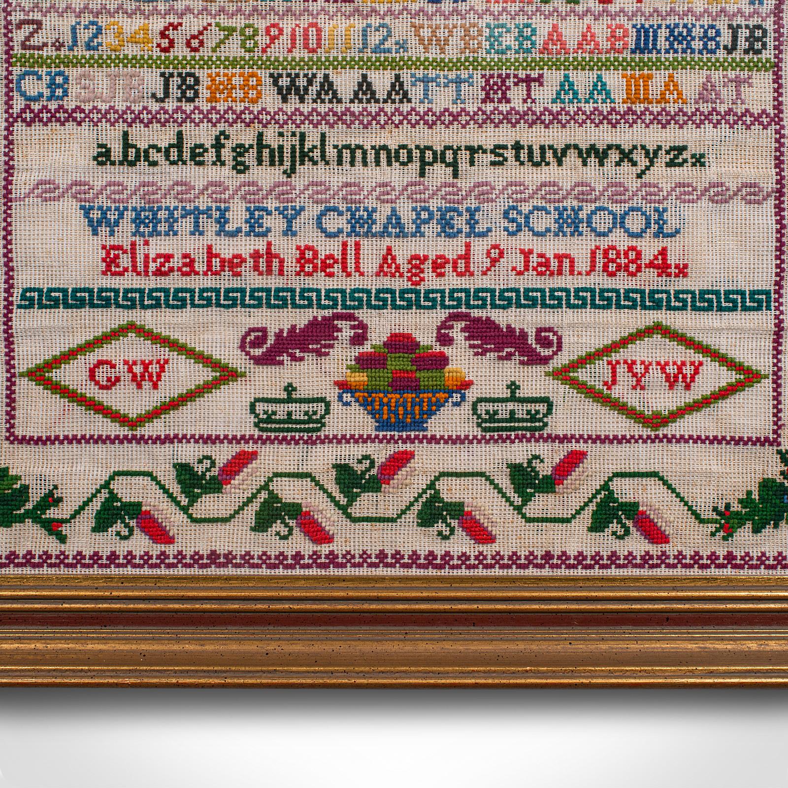Antique School Sampler, English, Needlepoint Embroidery Display, Victorian, 1884 For Sale 2