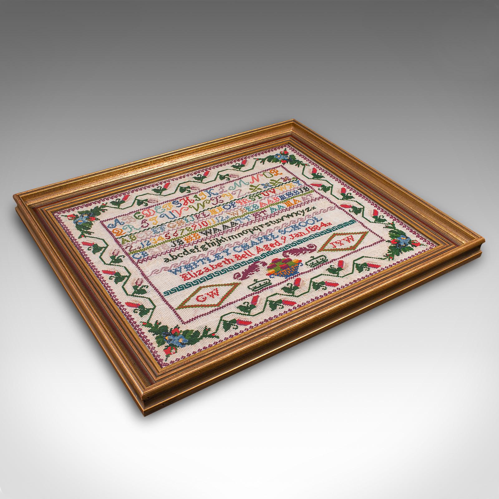 Antique School Sampler, English, Needlepoint Embroidery Display, Victorian, 1884 For Sale 3