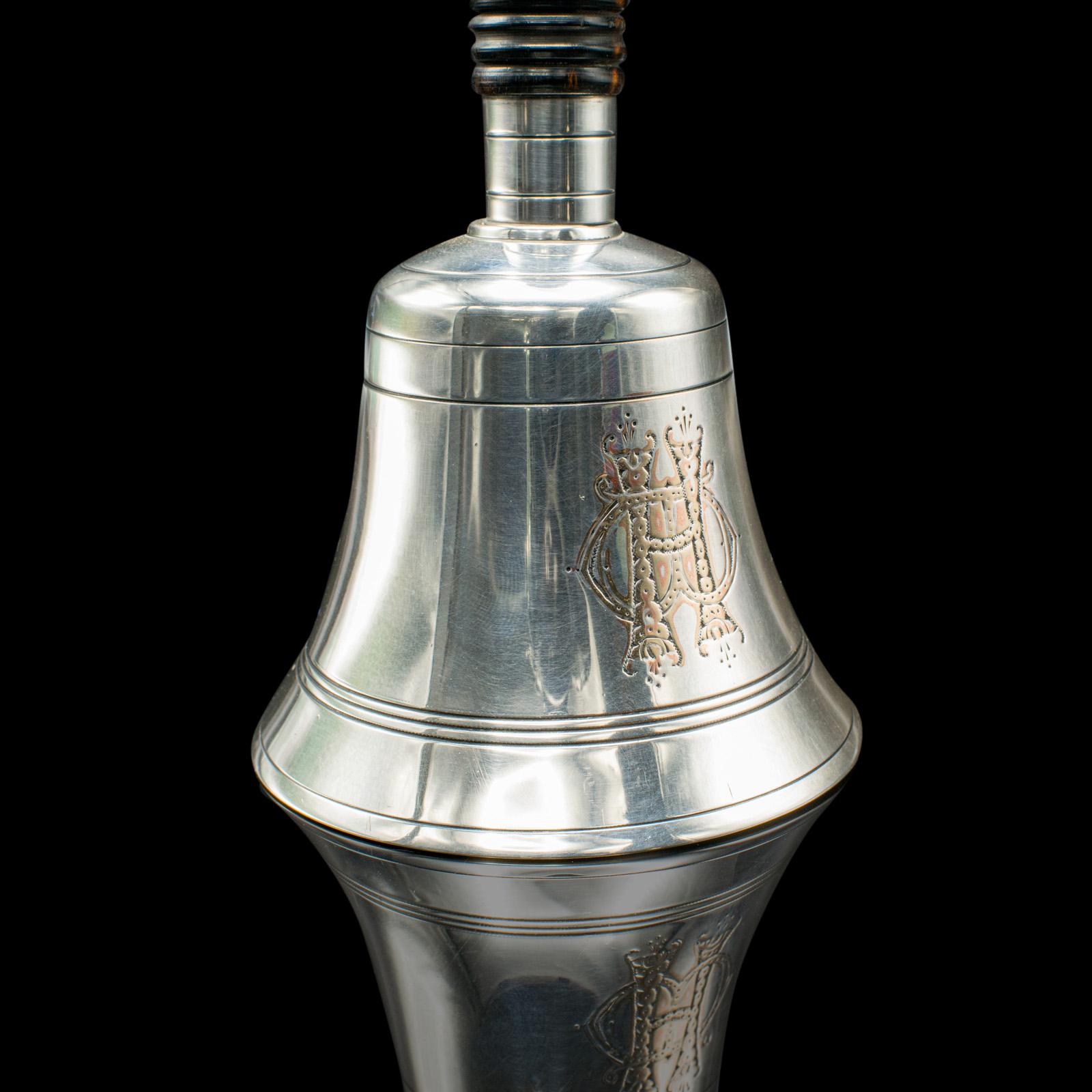 Cloche d'écolier ancienne, anglaise, en métal argenté, poignée Coromandel, victorienne en vente 1