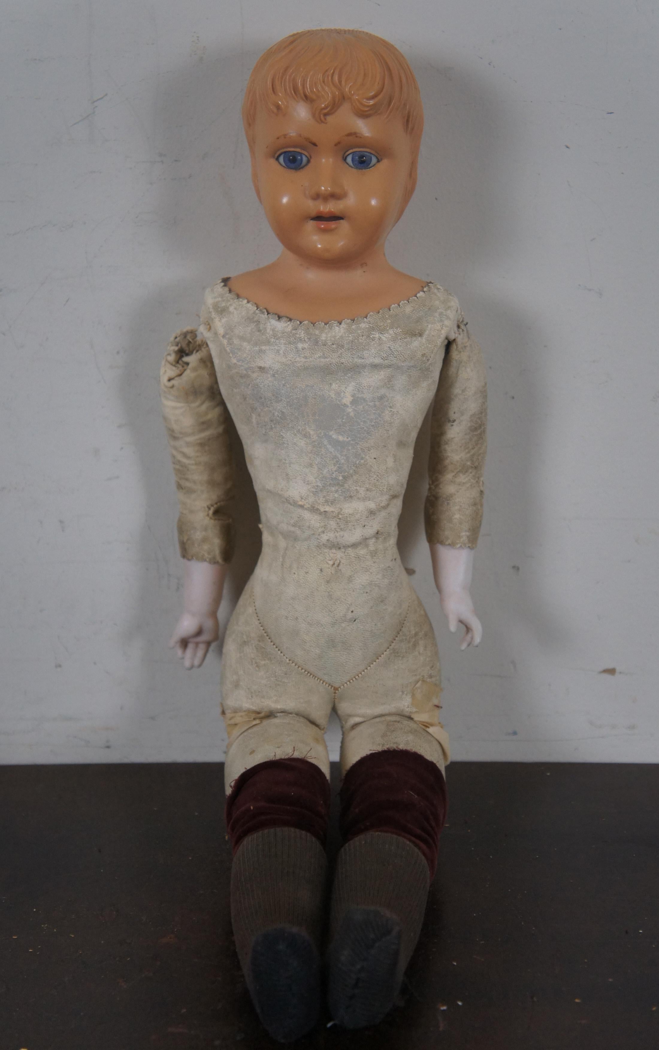Antique Schutz-Marke Celluloid Head Leather Body Boy Doll Scotch Bonnet For Sale 2