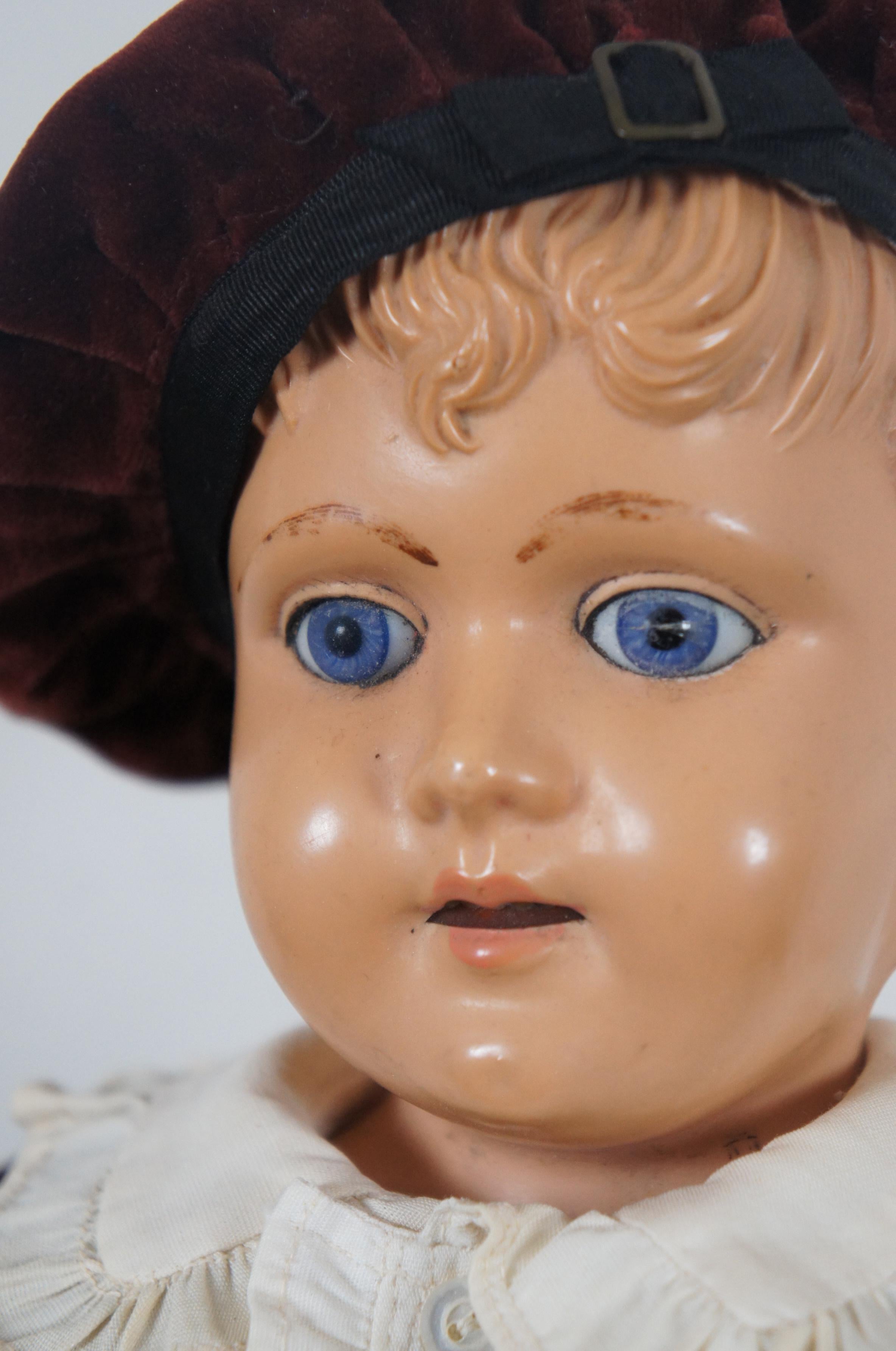 Antiker Schutz-Marke Zelluloidkopf Leder Body Boy Doll Scotch Bonnet mit Zelluloidkopf im Zustand „Gut“ im Angebot in Dayton, OH