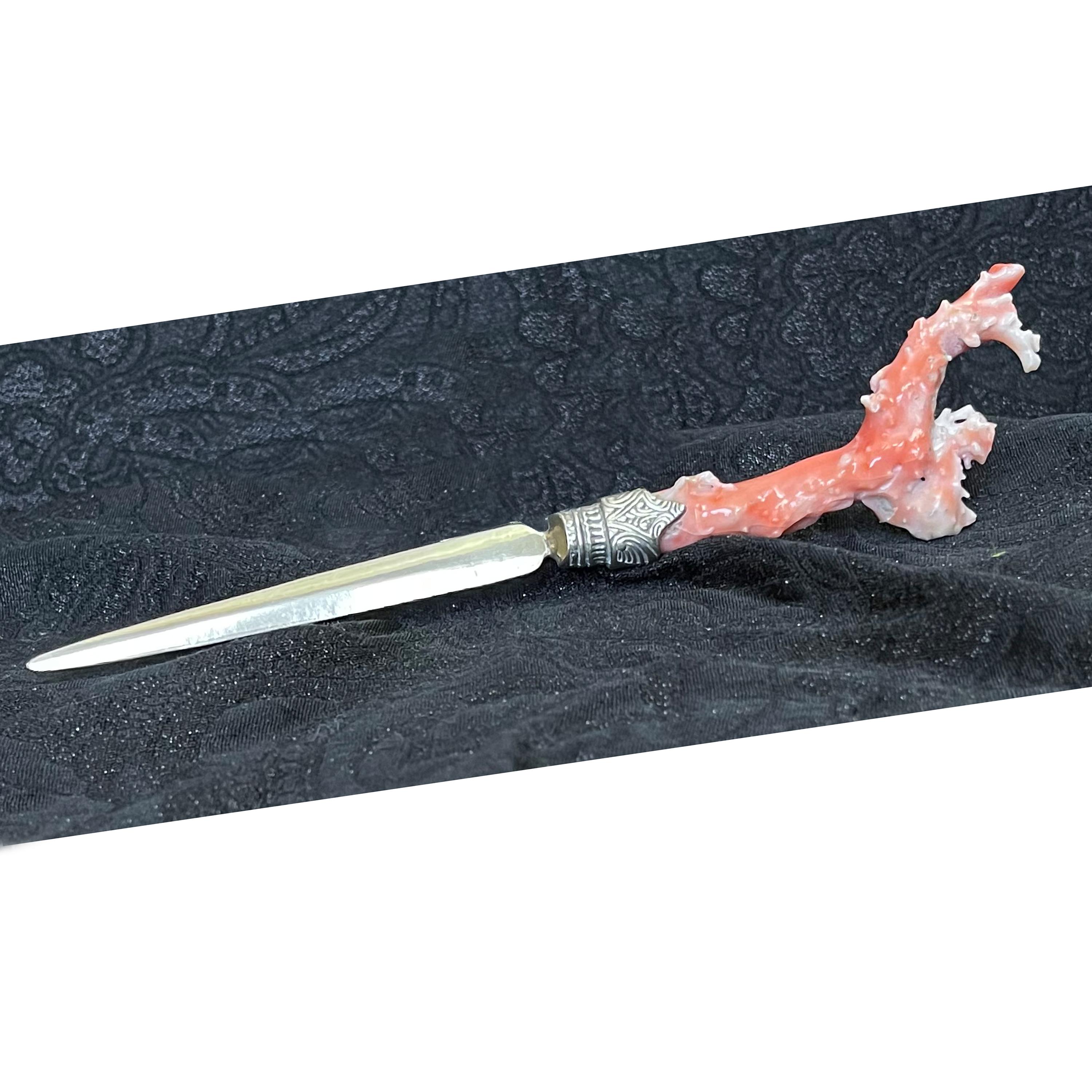 This silver and antique coral letter opener was handmade by our talented goldsmiths, who used a coral branch from Sciacca, the Sicilian town famous for its corals.
The Sciacca Coral has unique origins in the world: it is closely tied to the