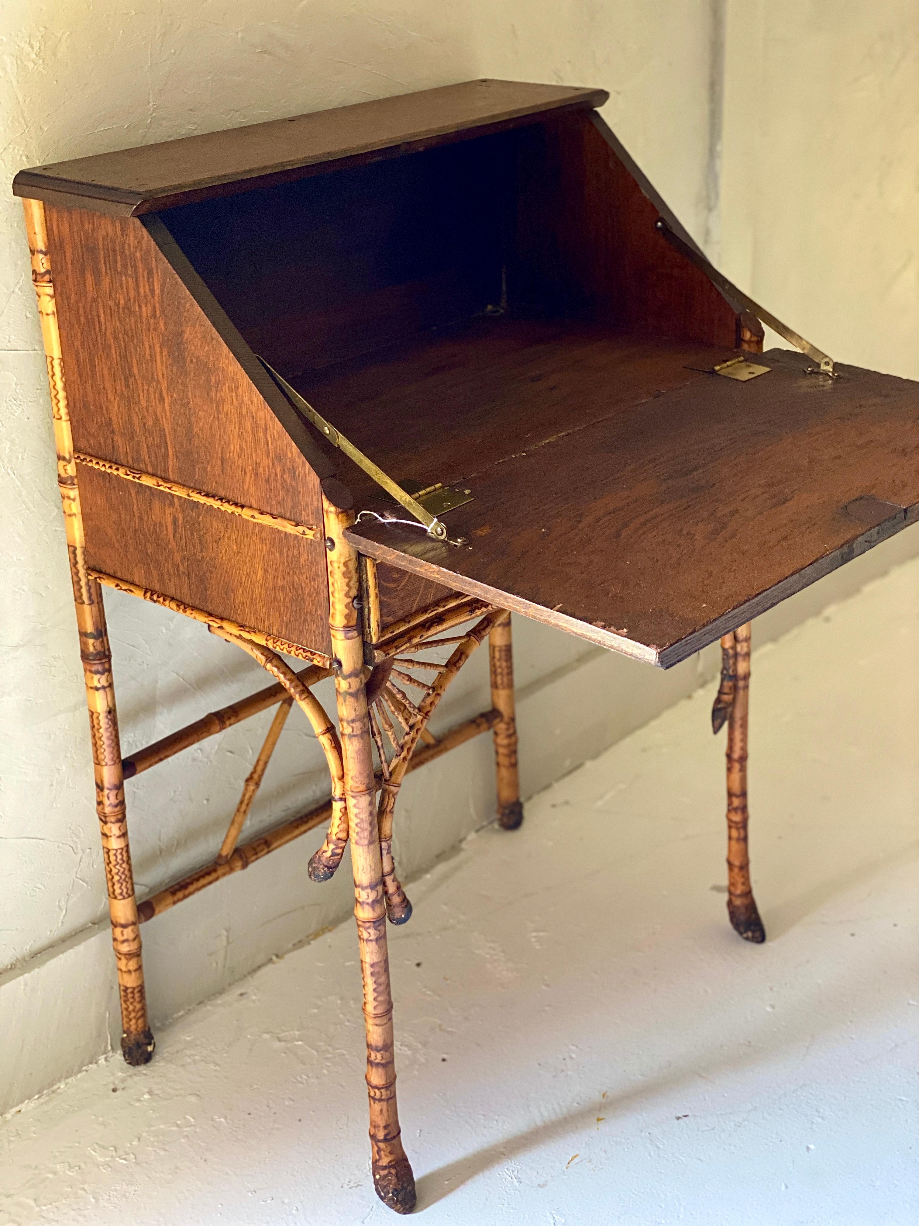 British Colonial Antique Scorched Bamboo Slant Front Desk and Chair, Late 1800s For Sale