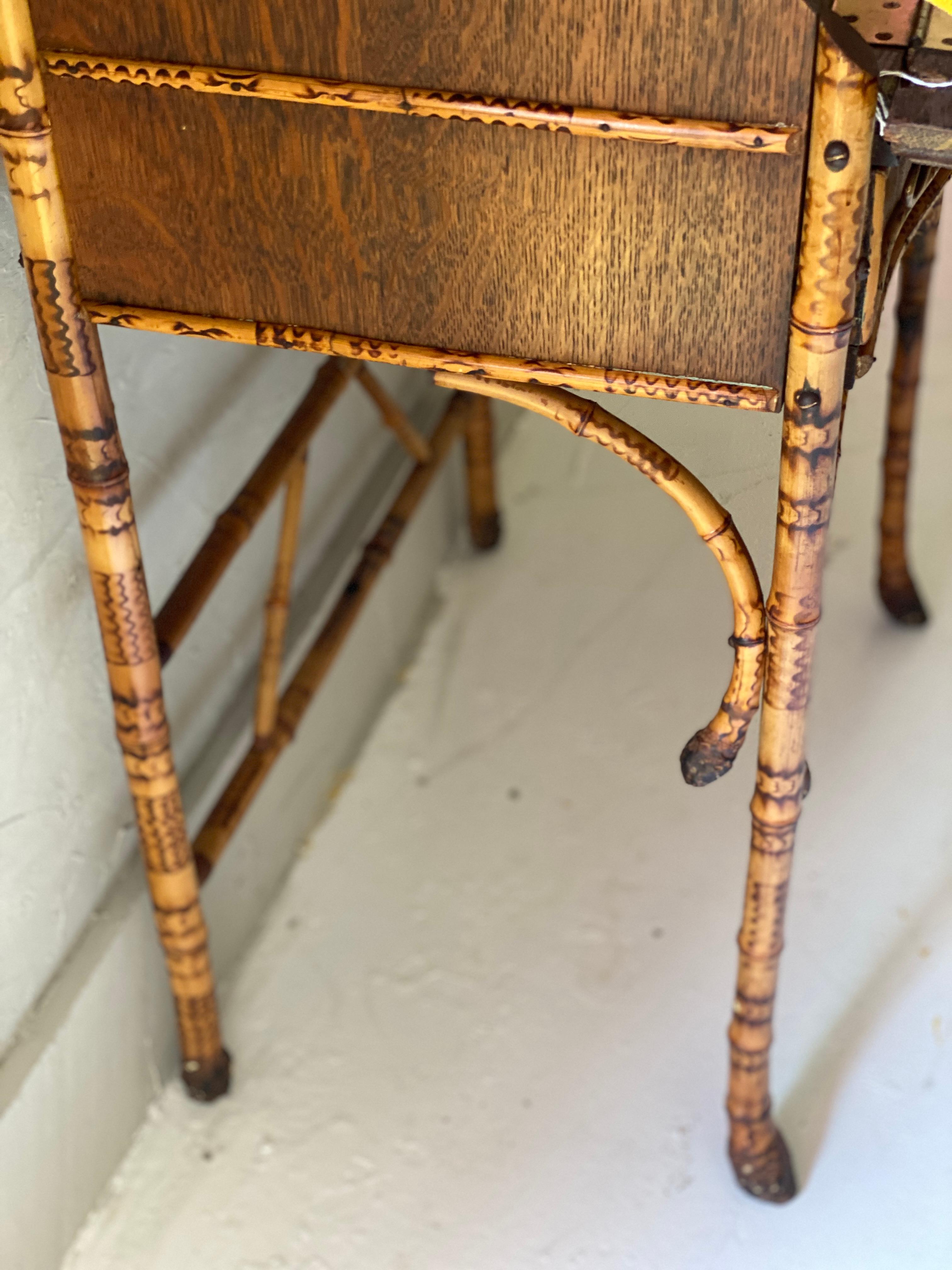 European Antique Scorched Bamboo Slant Front Desk and Chair, Late 1800s For Sale
