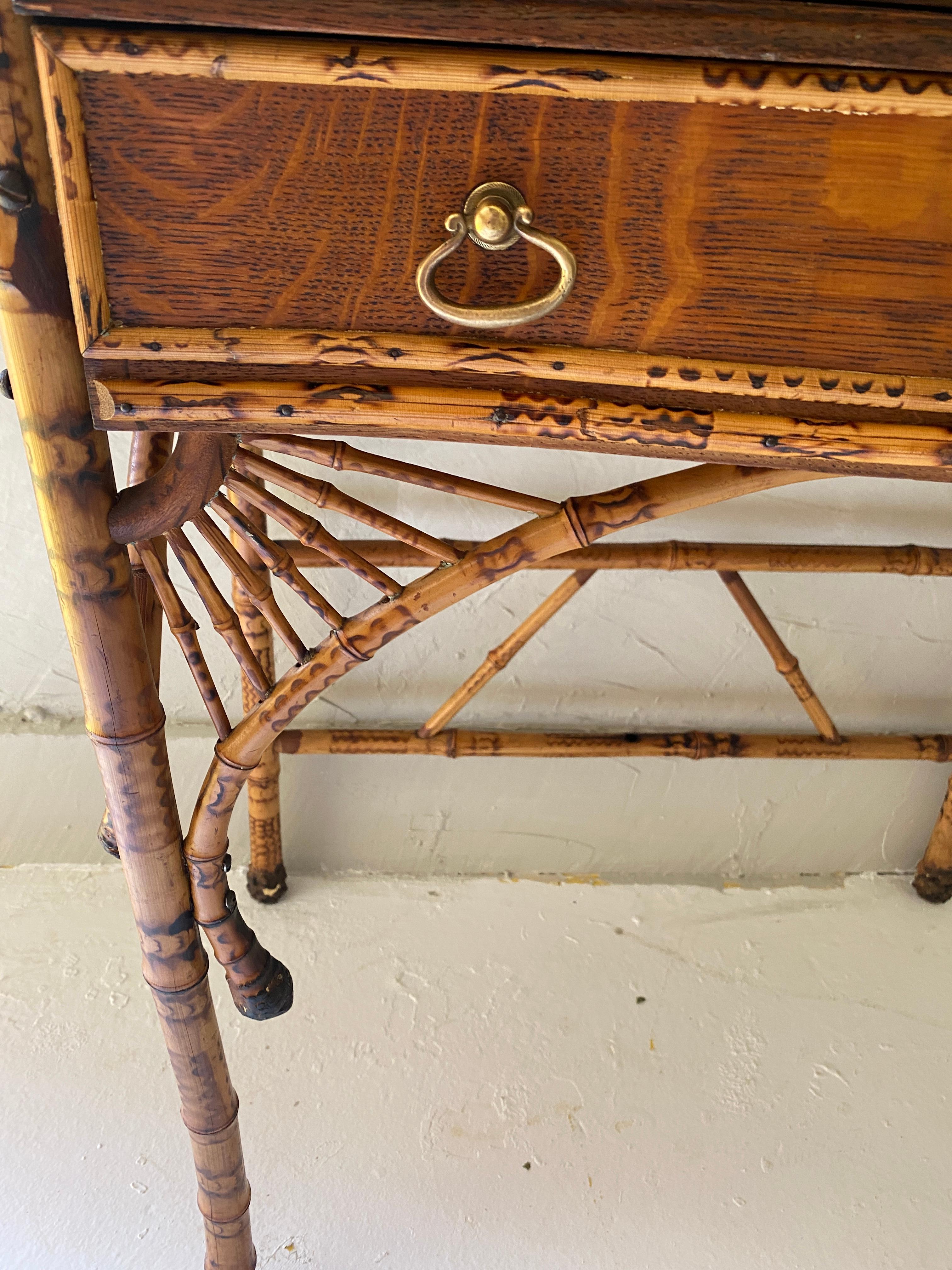 Antique Scorched Bamboo Slant Front Desk and Chair, Late 1800s In Good Condition For Sale In Mount Pleasant, SC