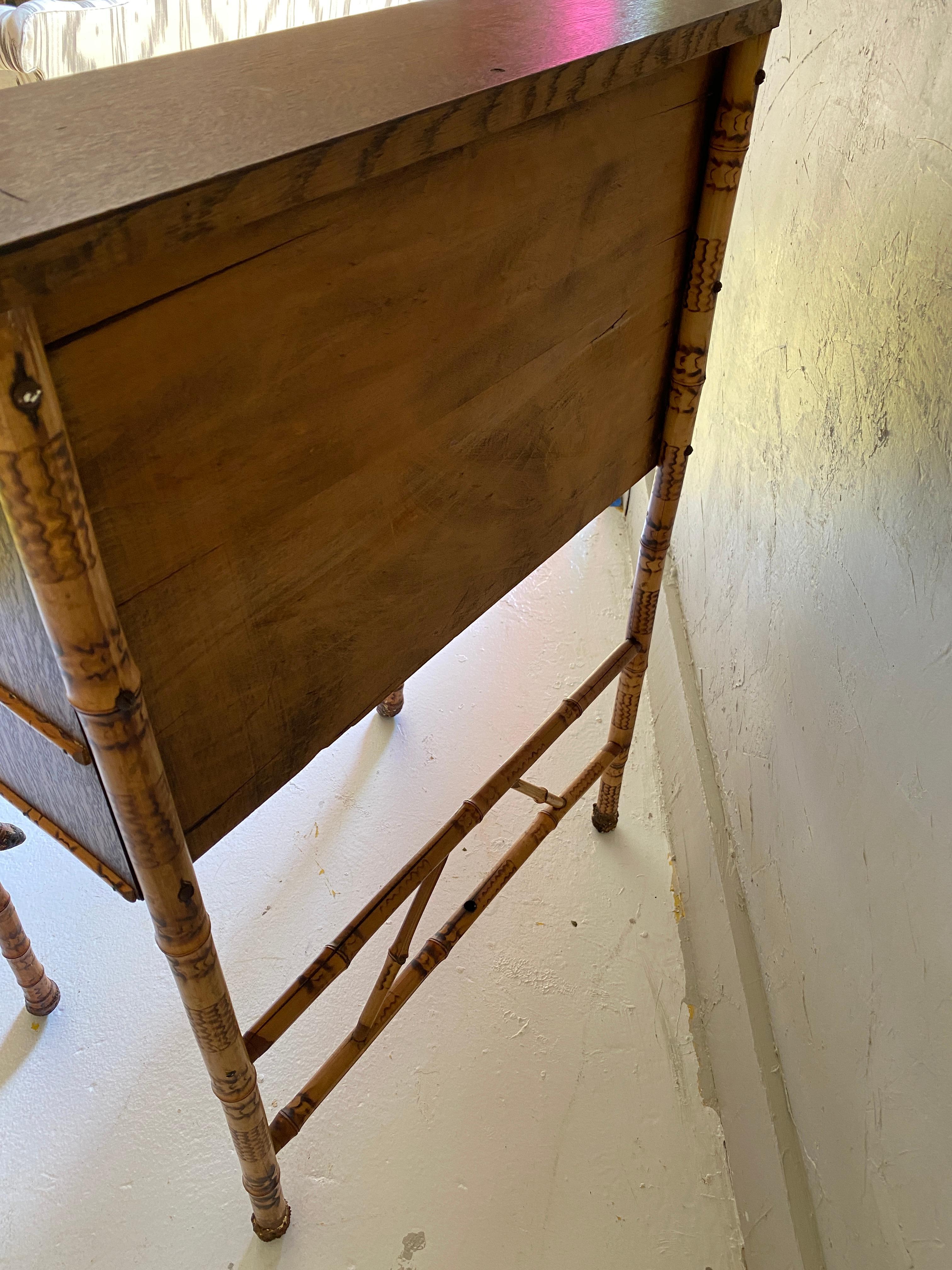 Antique Scorched Bamboo Slant Front Desk and Chair, Late 1800s For Sale 1