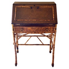 Antique Scorched Bamboo Slant Front Desk and Chair, Late 1800s