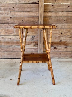 Antique Scorched Bamboo Two-Tier Side Table With Wood Shelves