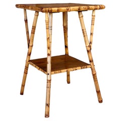 Antique Scorched Bamboo Two-Tier Side Table With Wood Shelves
