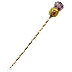 Antique Scottish 14 Karat Yellow Gold and Amethyst Thistle Pin, 19th Century