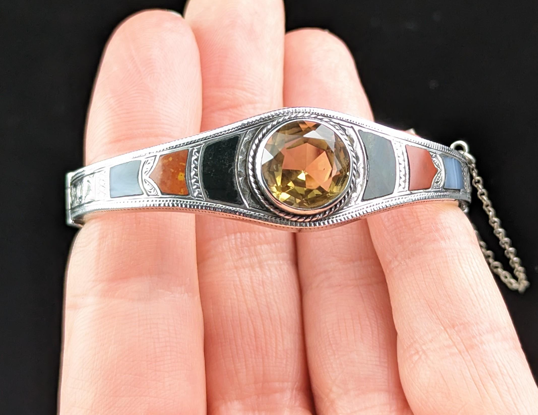 Antique Scottish Agate and Citrine Bangle, Sterling Silver 8