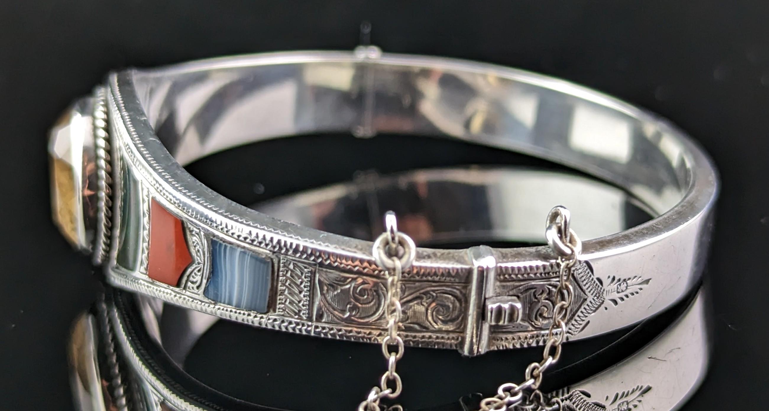 Victorian Antique Scottish Agate and Citrine Bangle, Sterling Silver