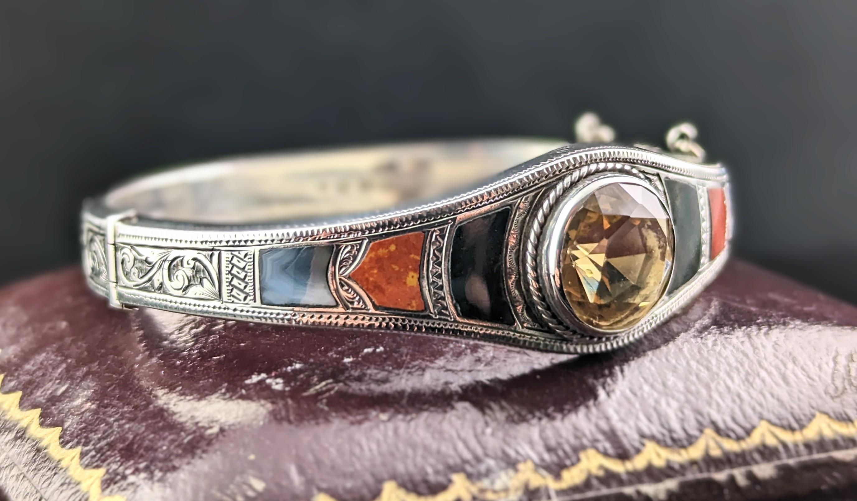 Women's Antique Scottish Agate and Citrine Bangle, Sterling Silver