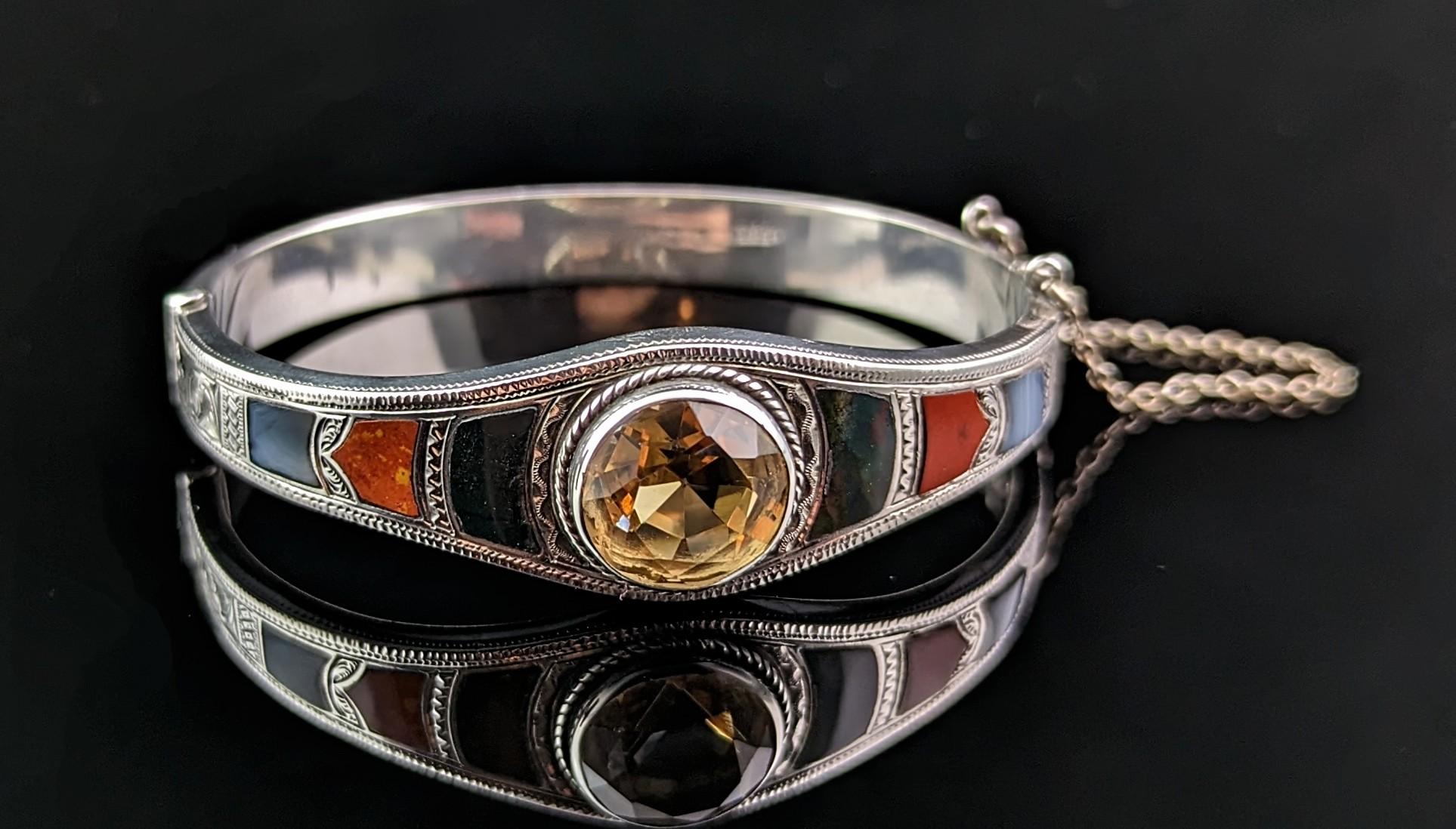 Antique Scottish Agate and Citrine Bangle, Sterling Silver 1