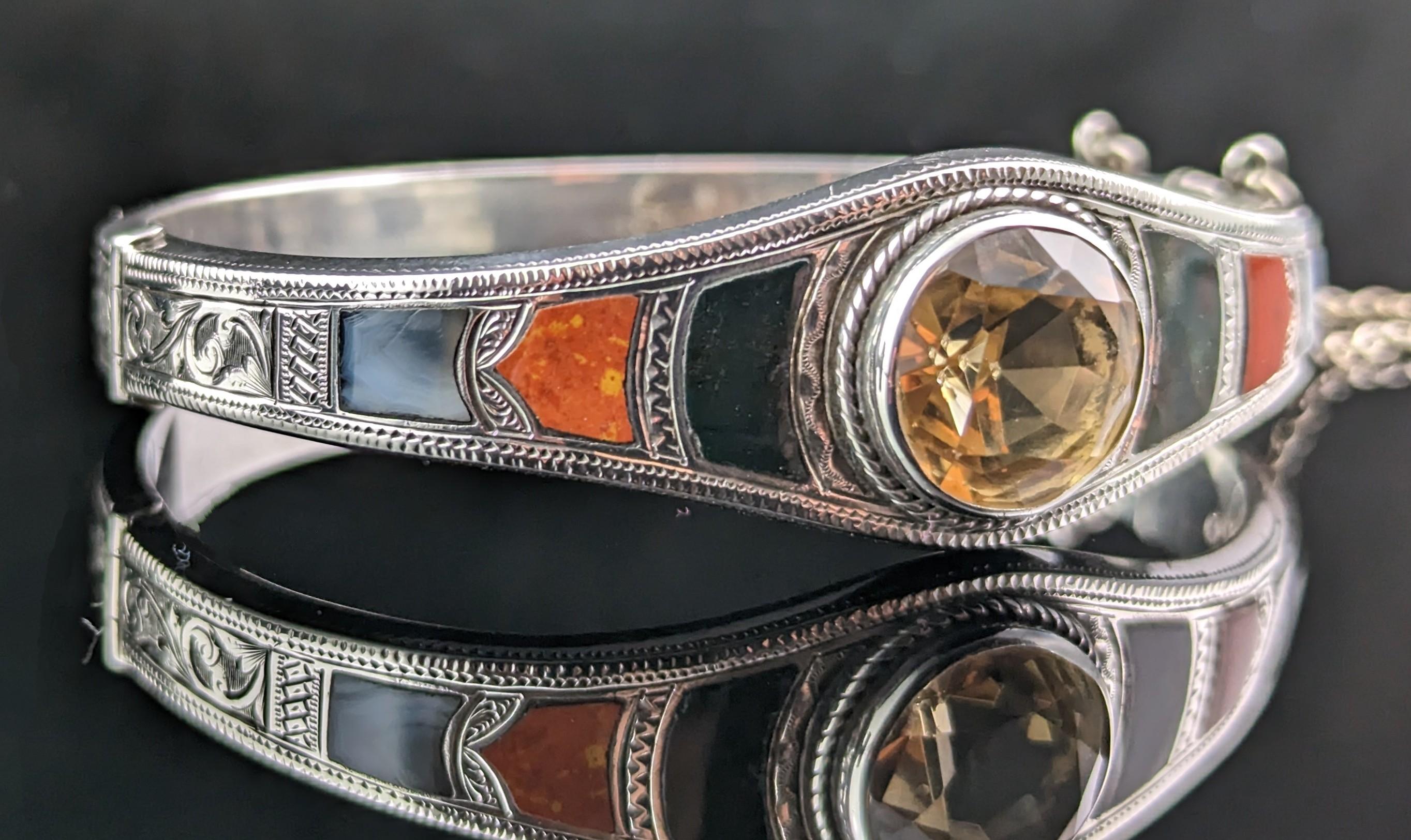 Antique Scottish Agate and Citrine Bangle, Sterling Silver 2