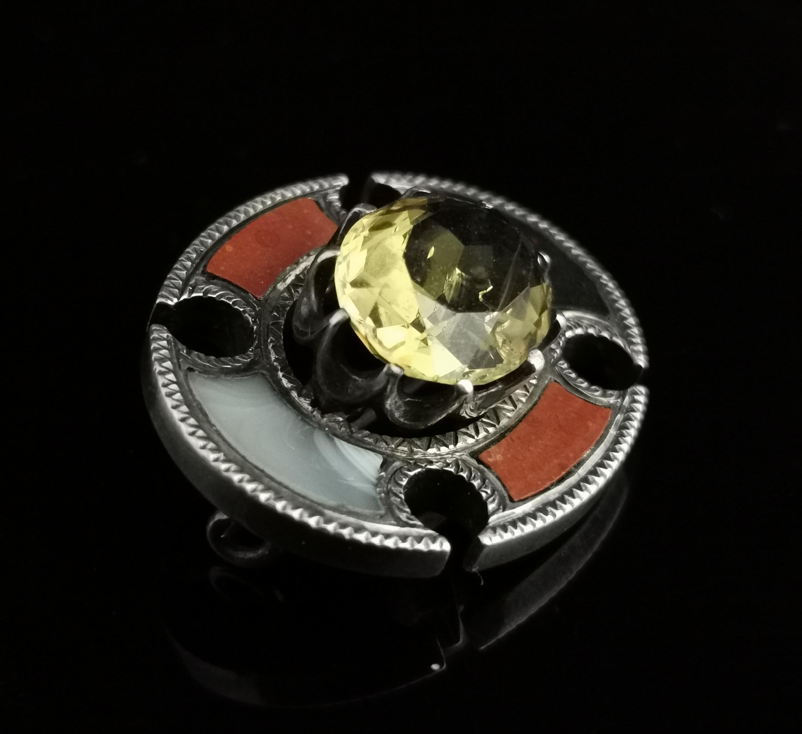 Antique Scottish Agate and Citrine Brooch, Sterling Silver 2