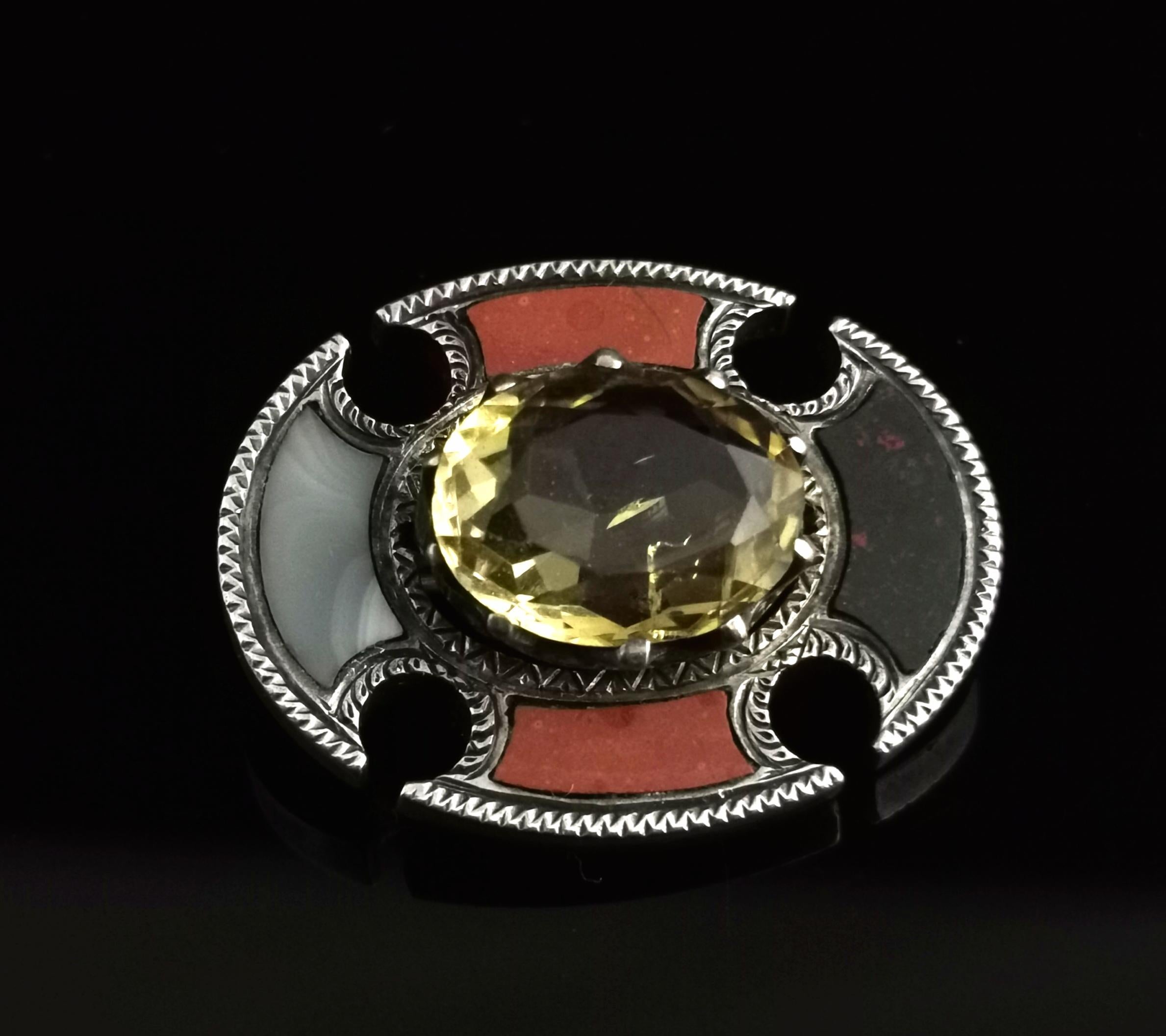 Antique Scottish Agate and Citrine Brooch, Sterling Silver 3