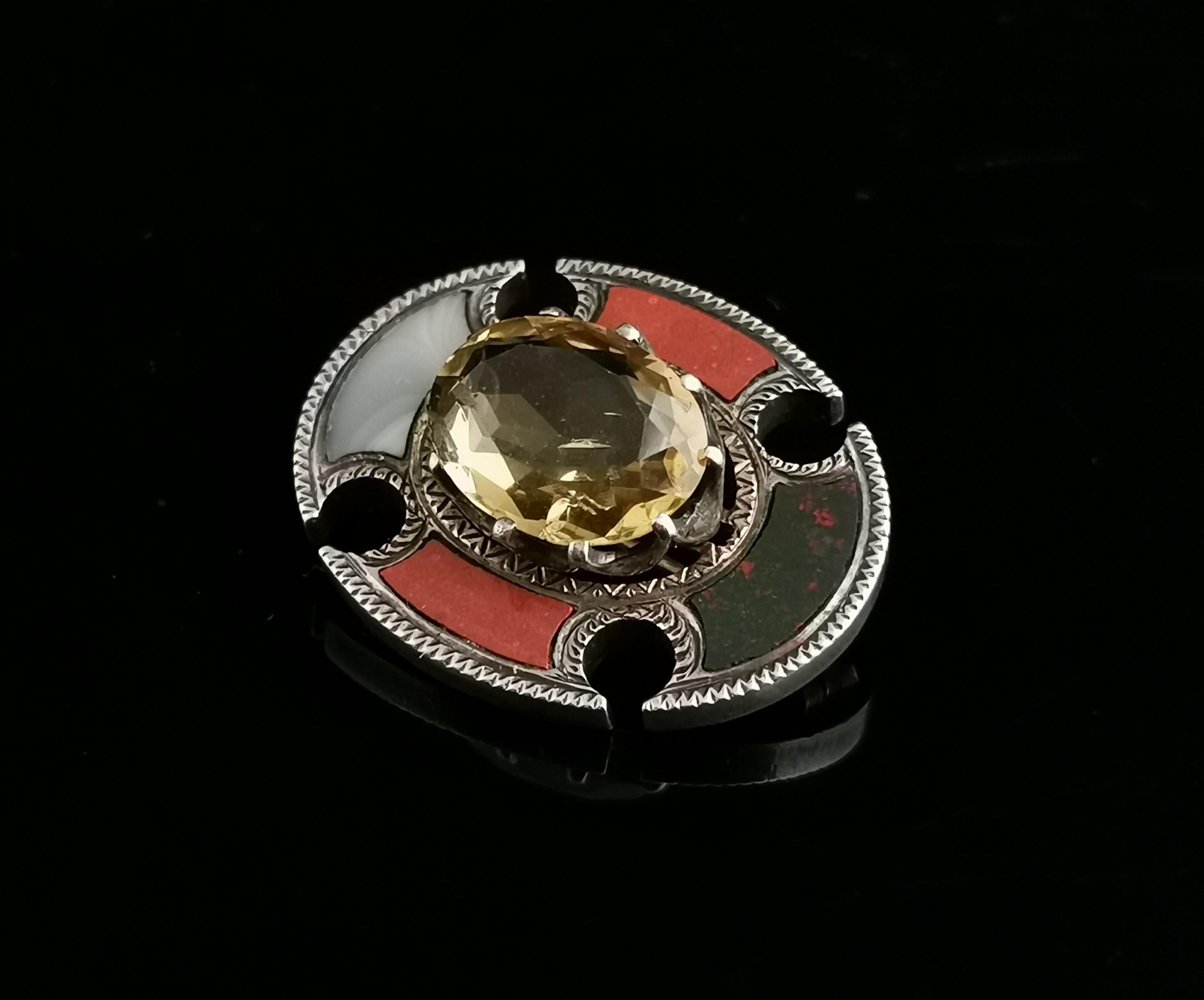 Women's or Men's Antique Scottish Agate and Citrine Brooch, Sterling Silver