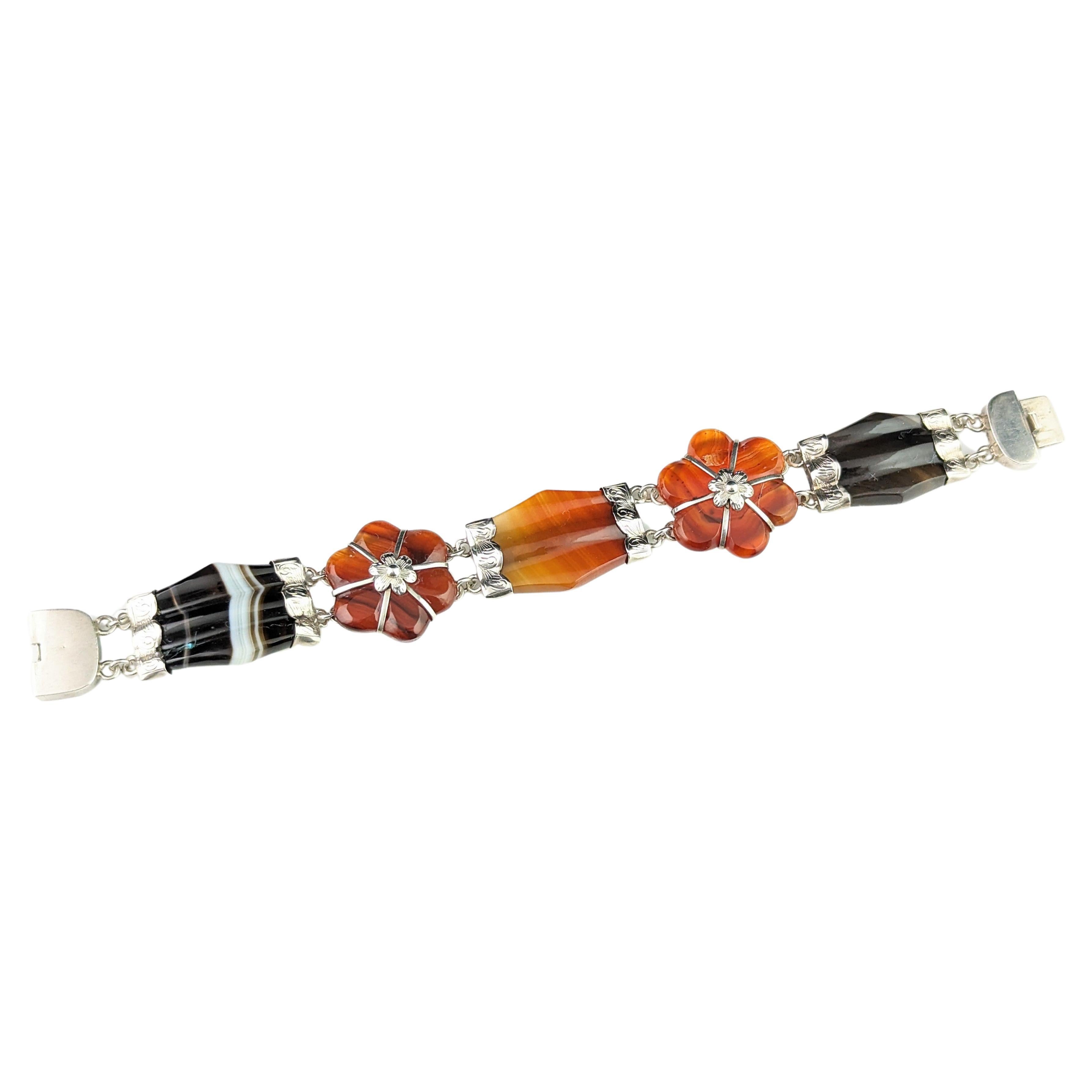 Antique Scottish agate and Silver bracelet, Victorian, floral