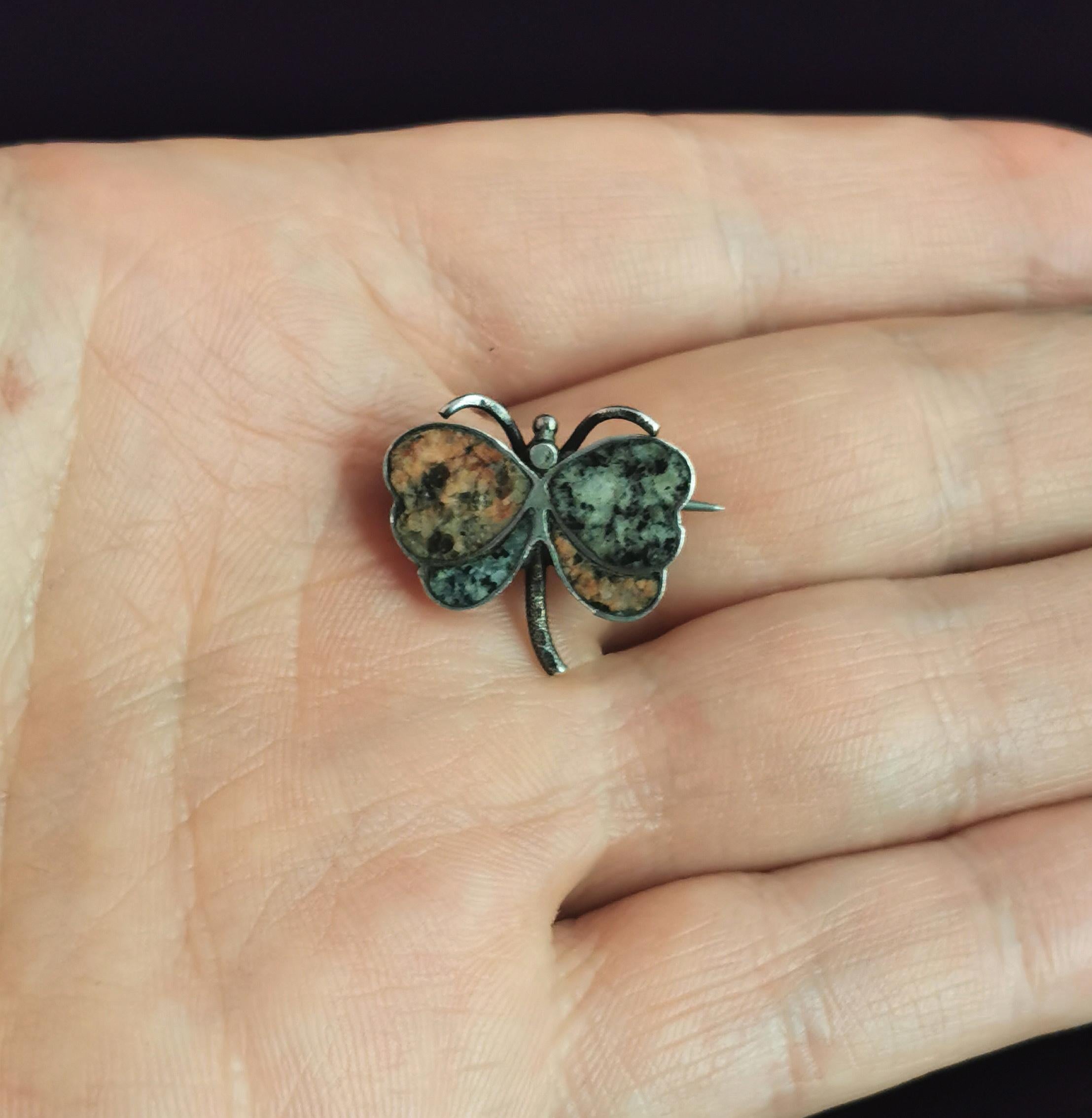 Antike Schmetterlingsbrosche aus schottischem Achat und Silber 1