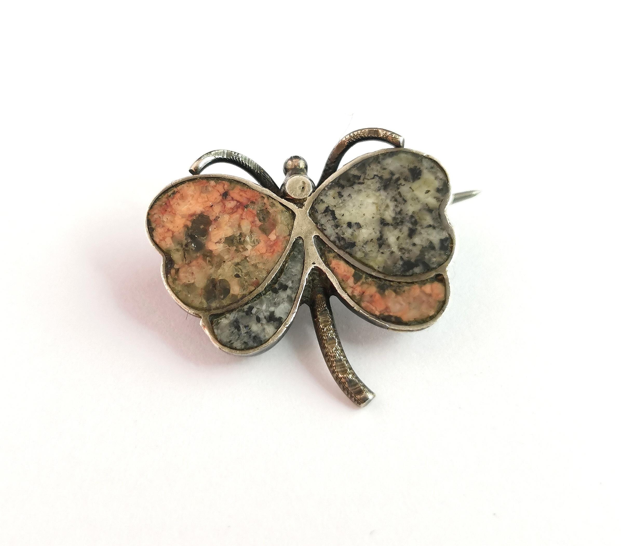 Antike Schmetterlingsbrosche aus schottischem Achat und Silber 2