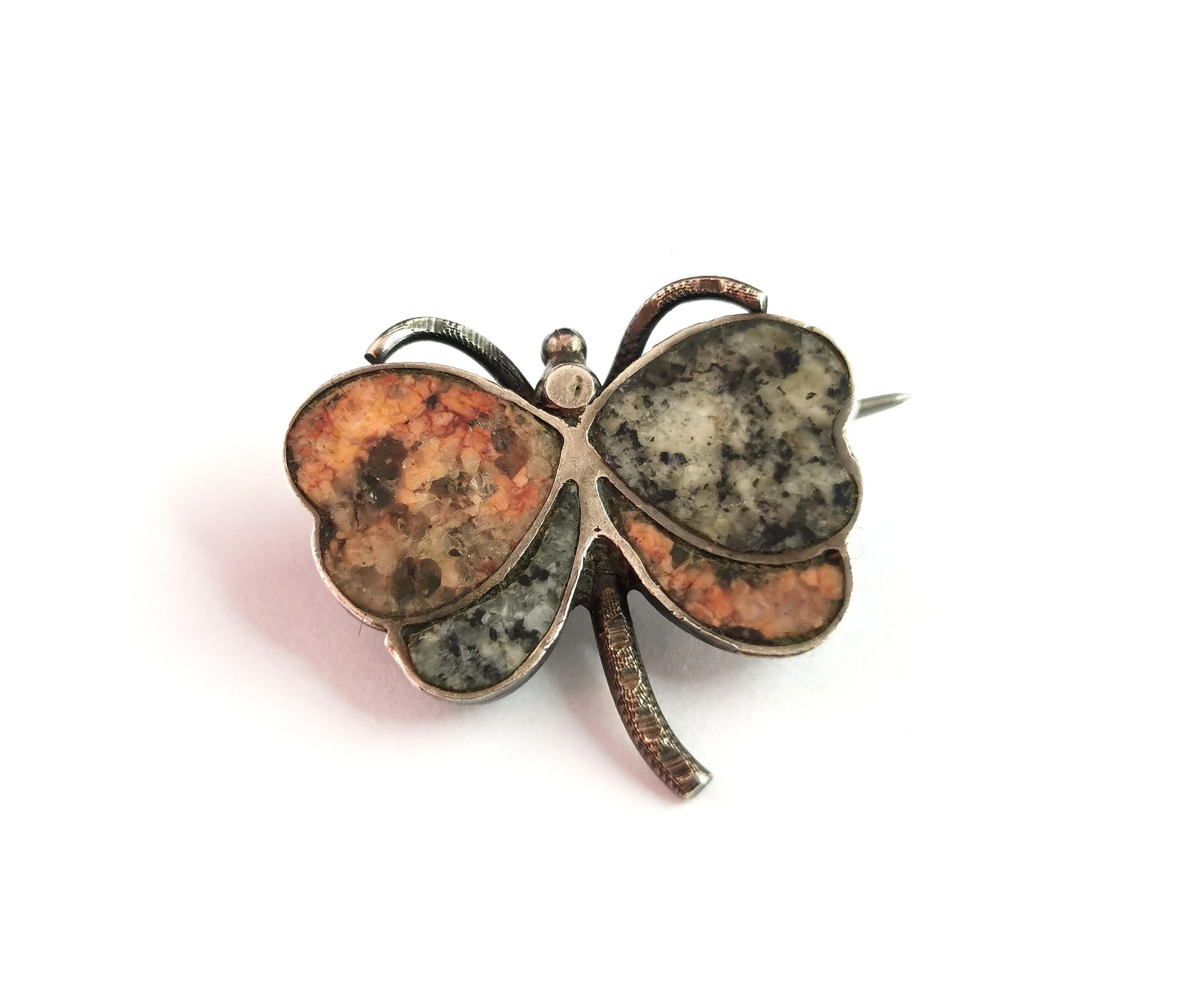 Antique Scottish Agate and Silver Butterfly Brooch 2