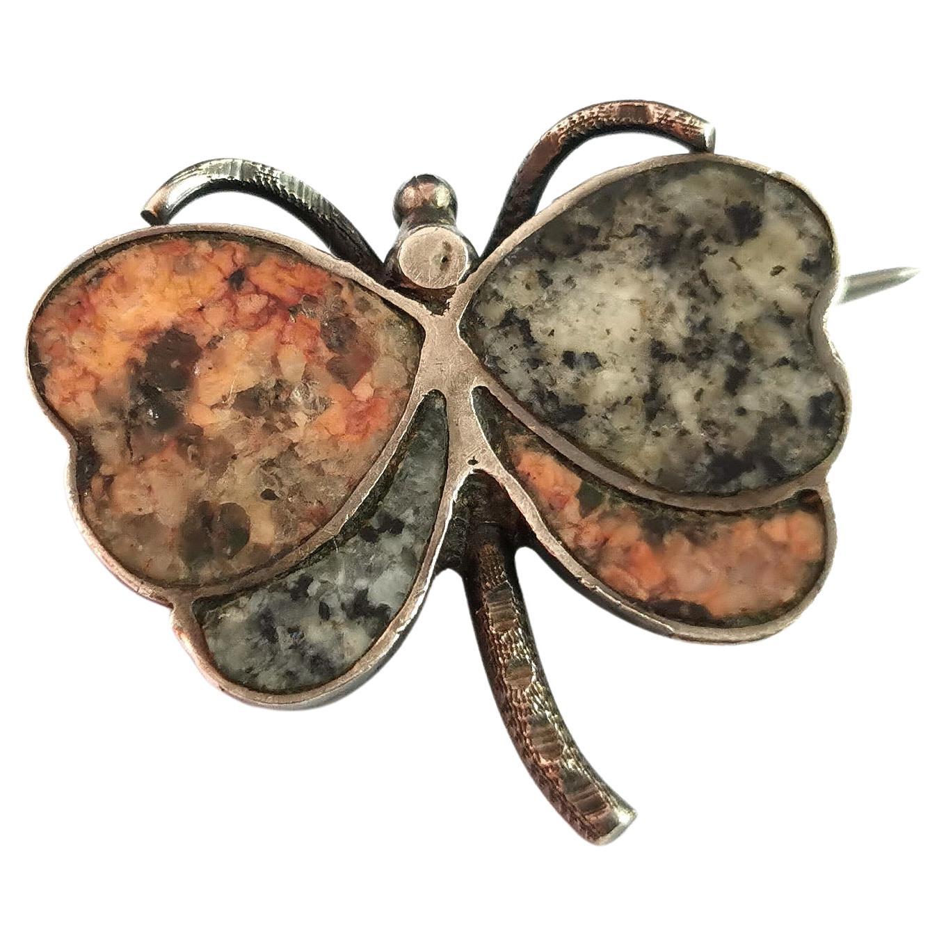 Antique Scottish Agate and Silver Butterfly Brooch