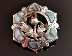 Antique Scottish Agate and Silver Thistle Brooch, Victorian