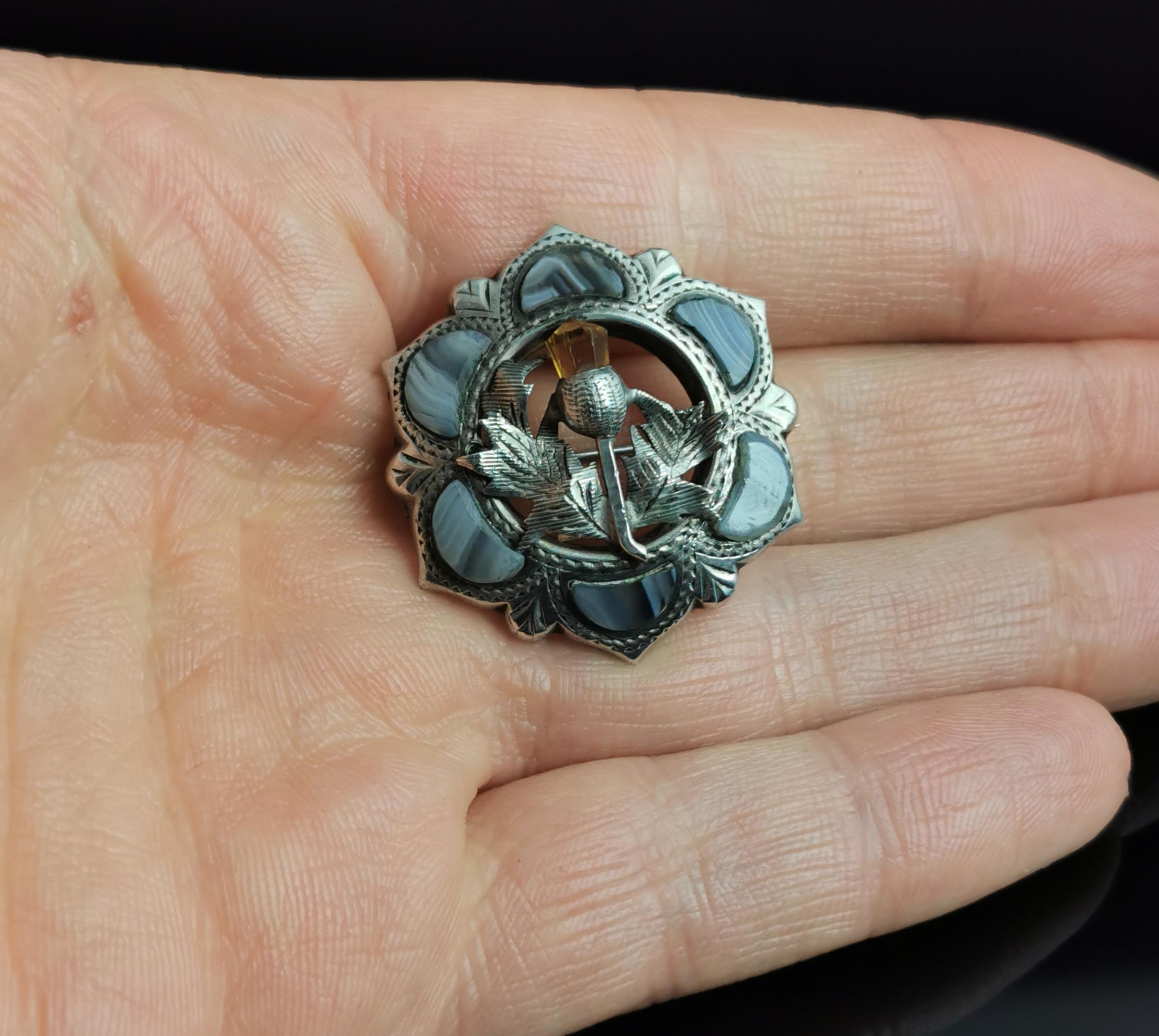 Antique Scottish Agate and Silver Thistle Brooch, Victorian In Fair Condition In NEWARK, GB