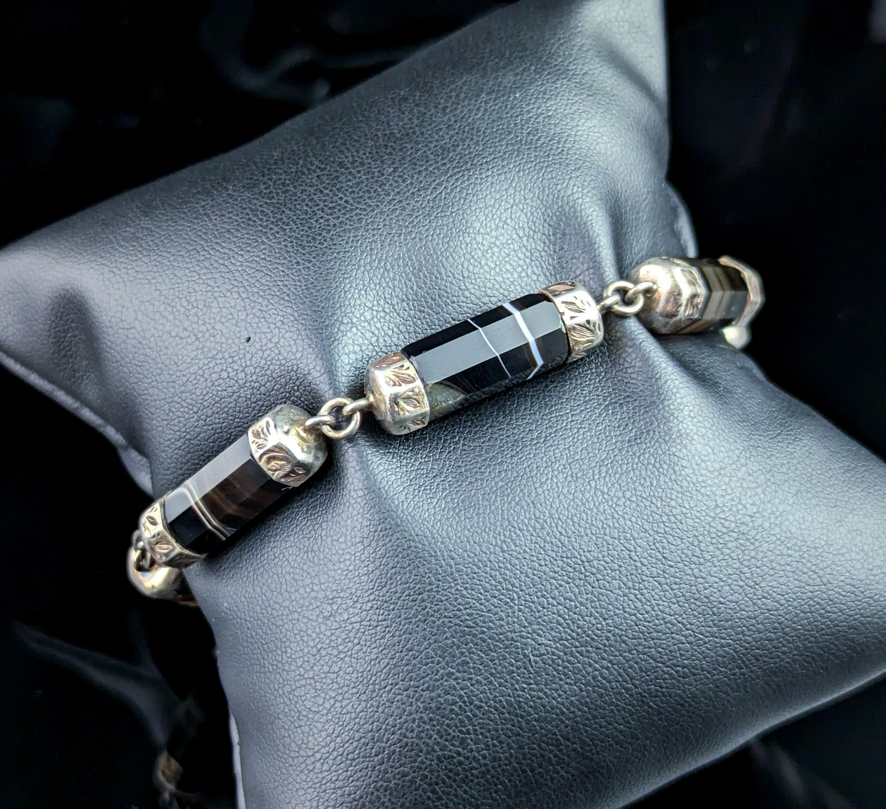 Women's Antique Scottish agate bracelet, Sterling silver 