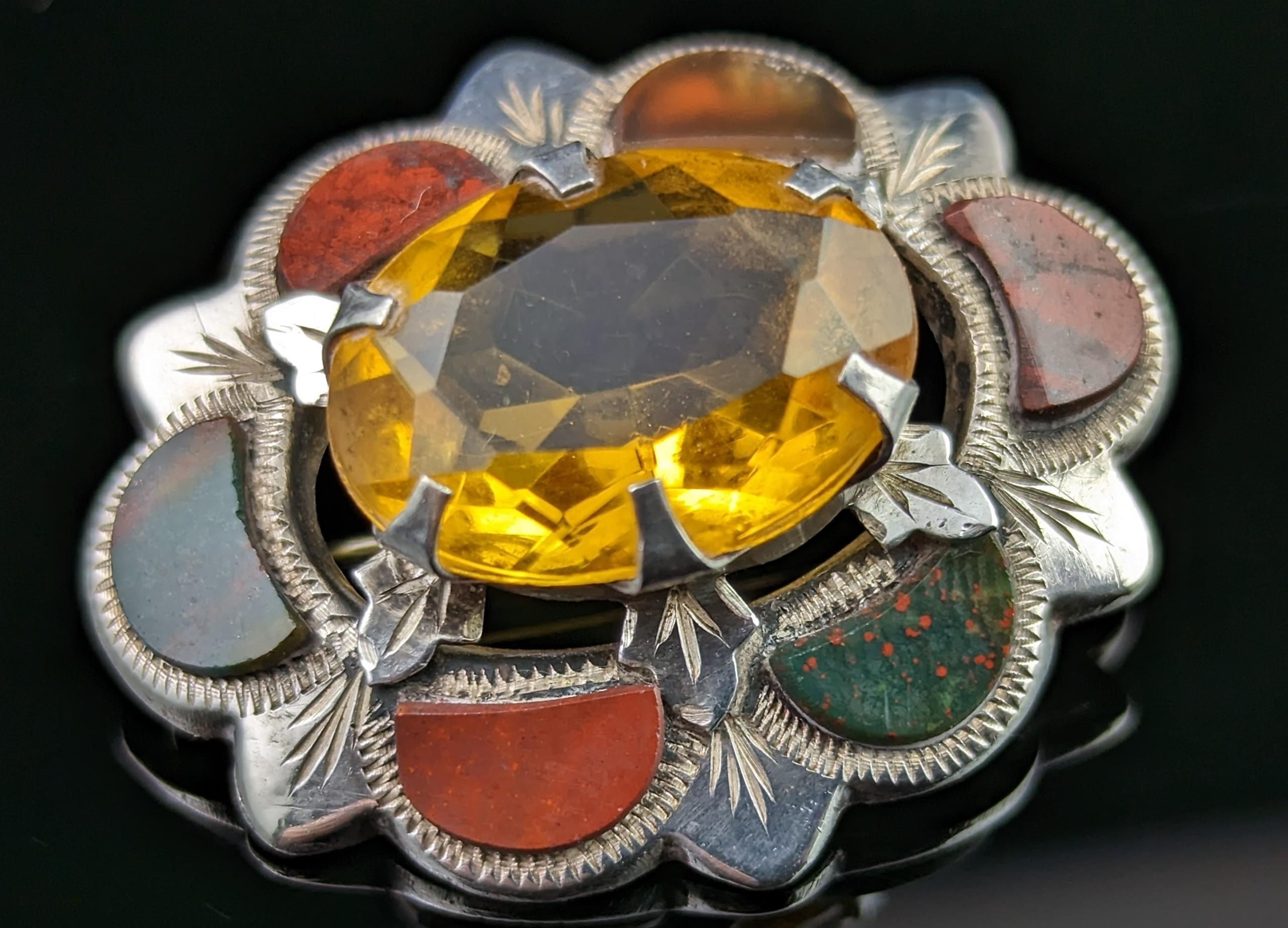 Victorian Antique Scottish Agate Brooch, Sterling Silver, C1910s