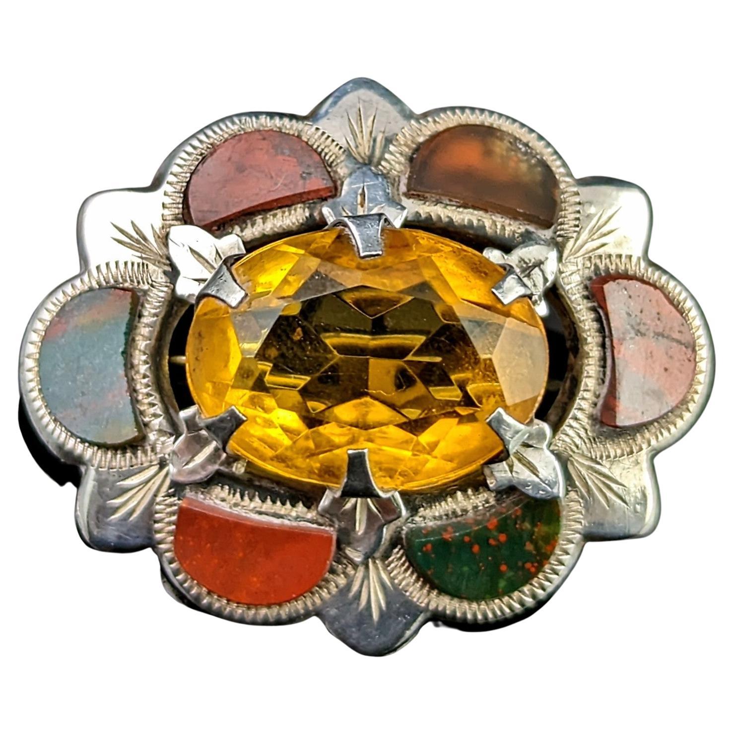 Antique Scottish Agate Brooch, Sterling Silver, C1910s