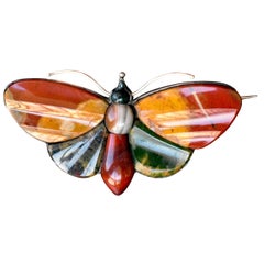 Antique Scottish Agate Butterfly Brooch Set in Silver