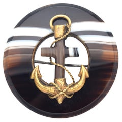 Antike schottische Achat Gold gefüllte Kreuz Anker Runde Brosche Pin