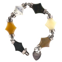 Antique Scottish Agate & Silver Flexible Bracelet with Heart Lock