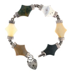 Antique Scottish Agate & Silver Flexible Bracelet with Heart Lock