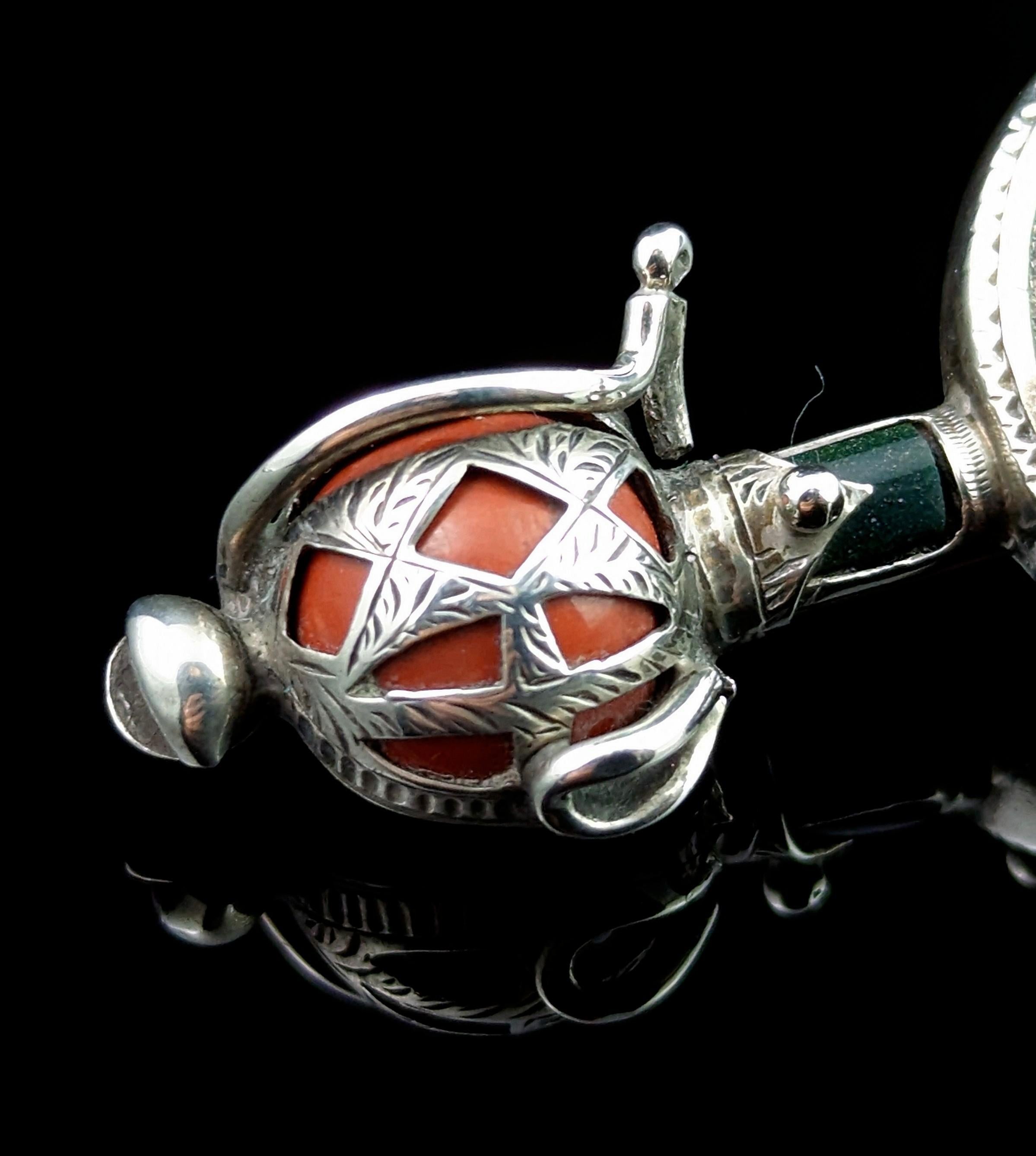 Antique Scottish Agate Sword and Shield Brooch, Silver, Victorian 2