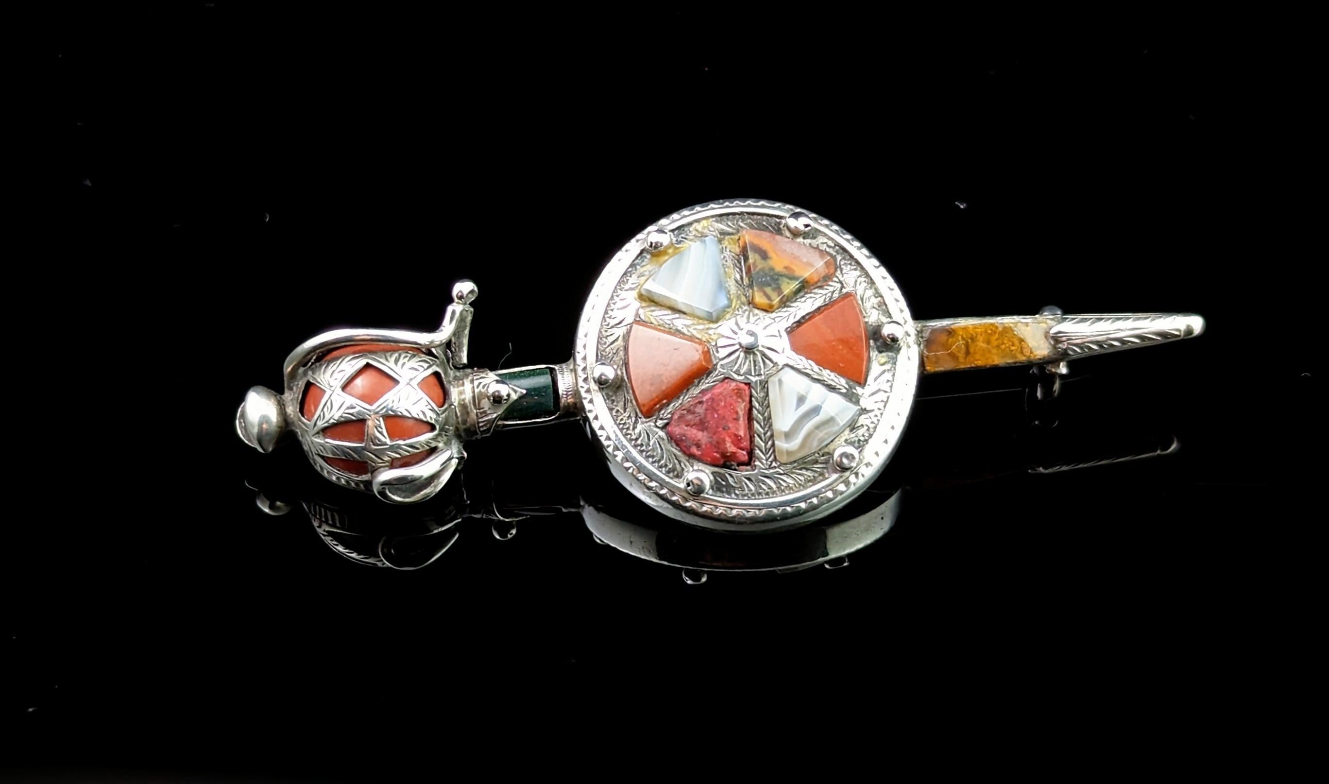 Antique Scottish Agate Sword and Shield Brooch, Silver, Victorian 4